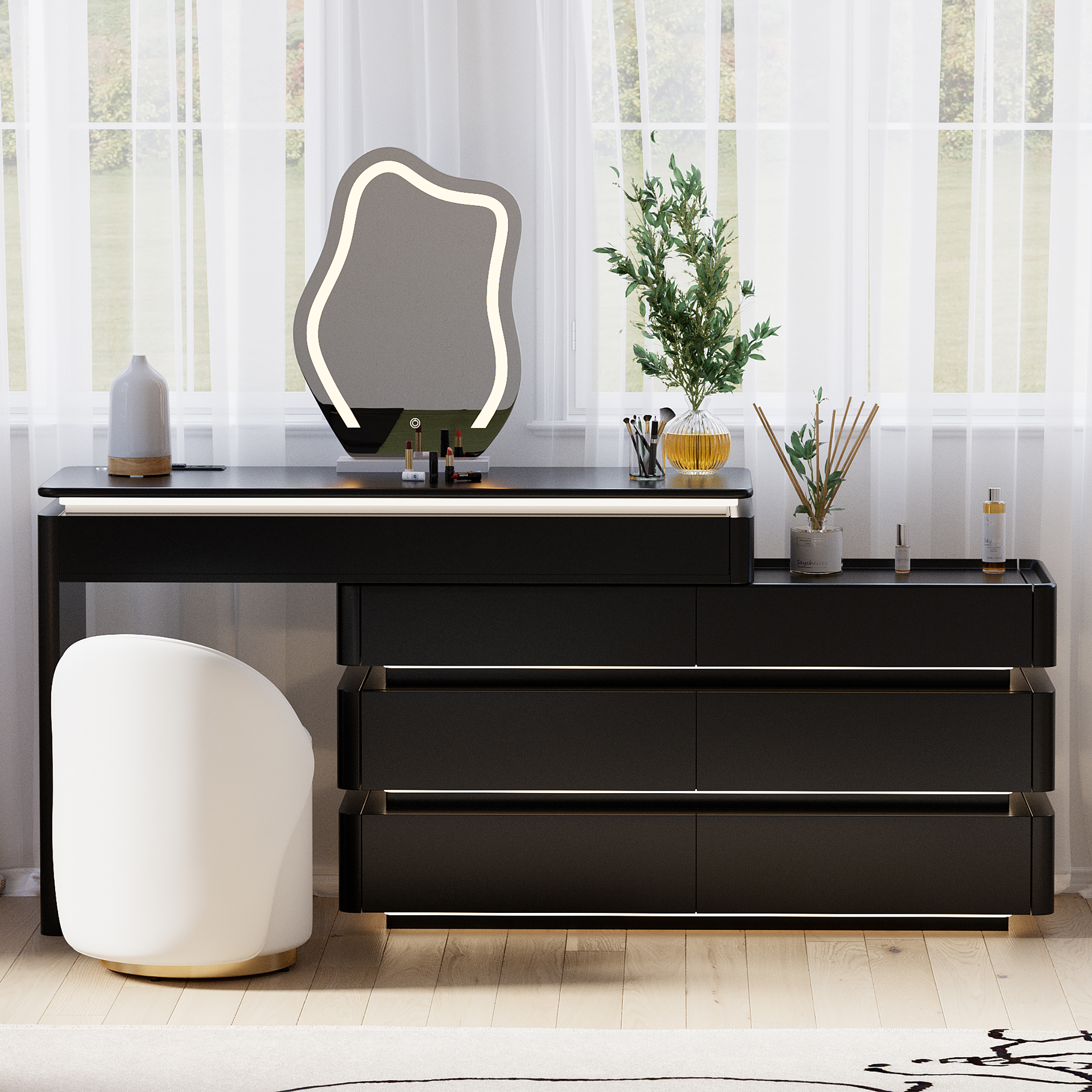 47" Smart Makeup Vanity Set Retractable Dressing Table with Mirror & Lights