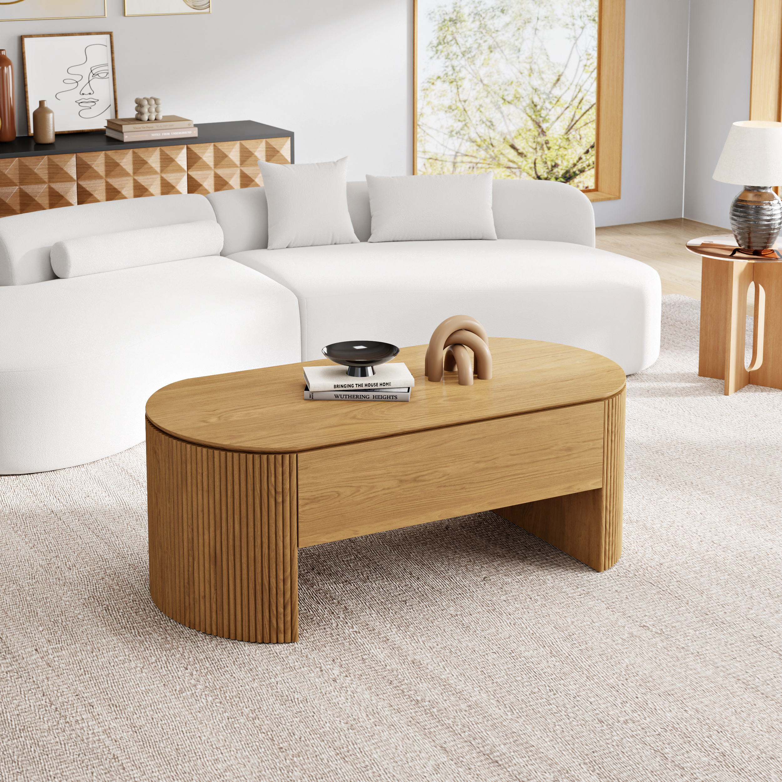 Natural Oval Lift Top Mid-Century Modern Coffee Table
