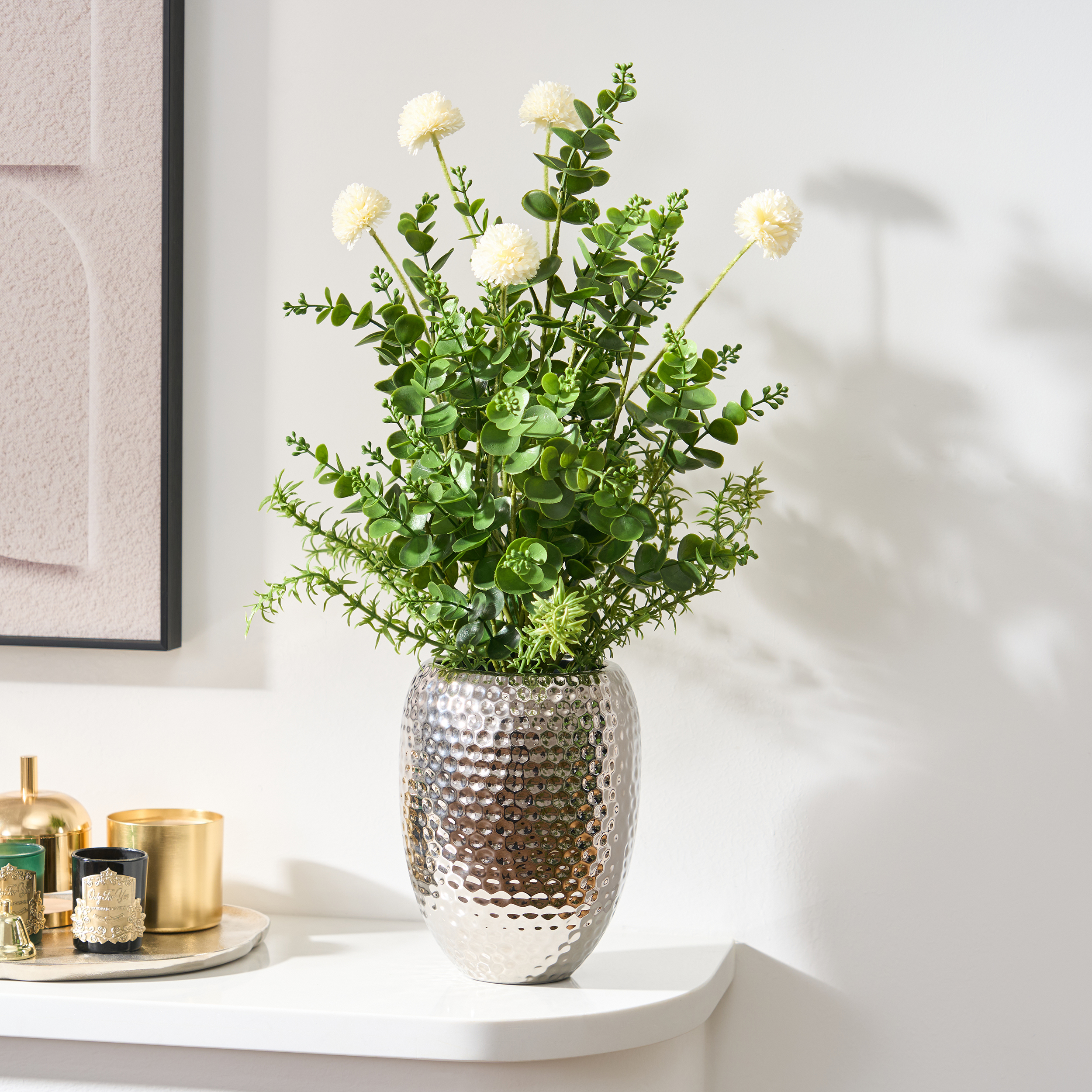 22.8" Artificial Floral Arrangement with Silver Electroplated Ceramic Vase