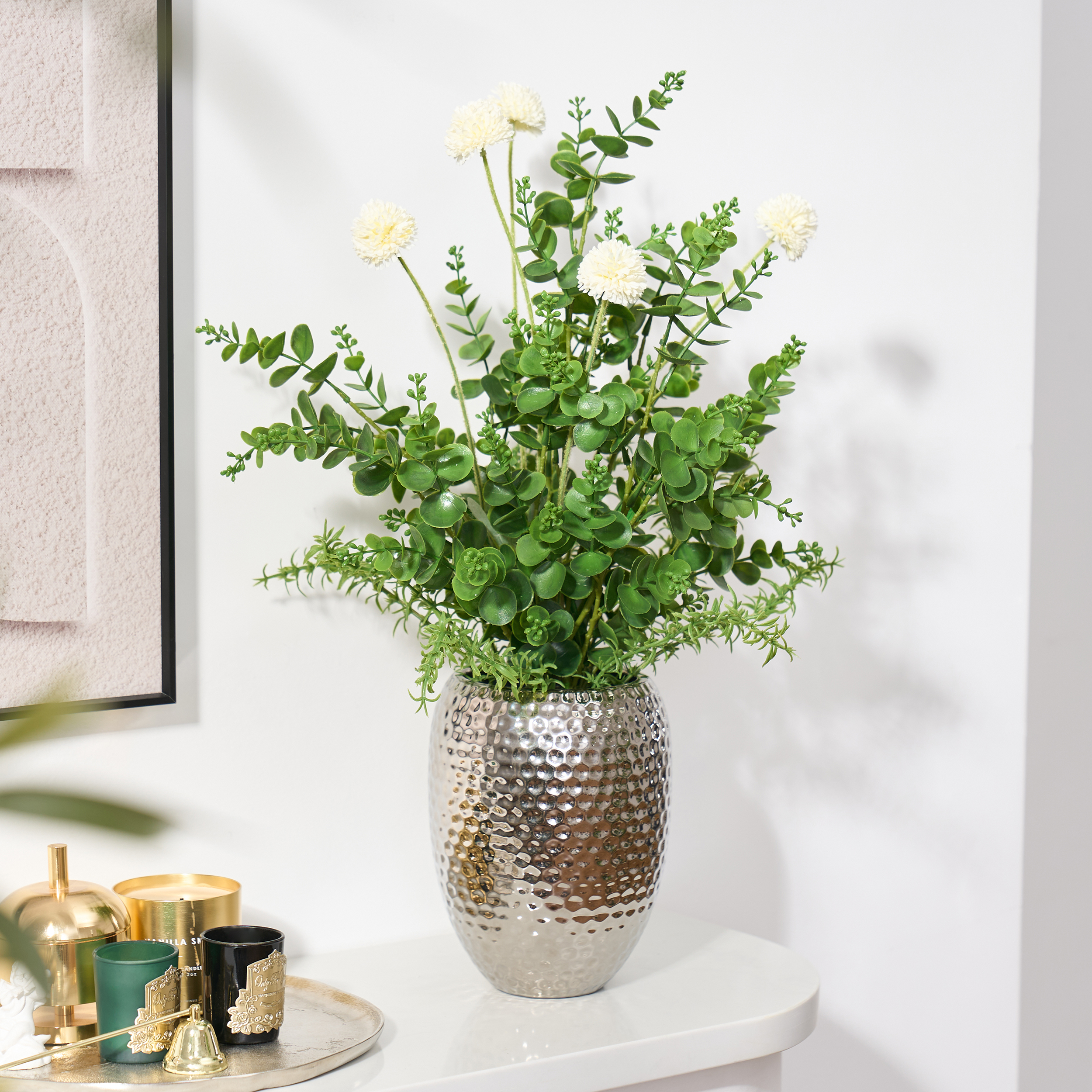 22.8" Artificial Floral Arrangement with Silver Electroplated Ceramic Vase