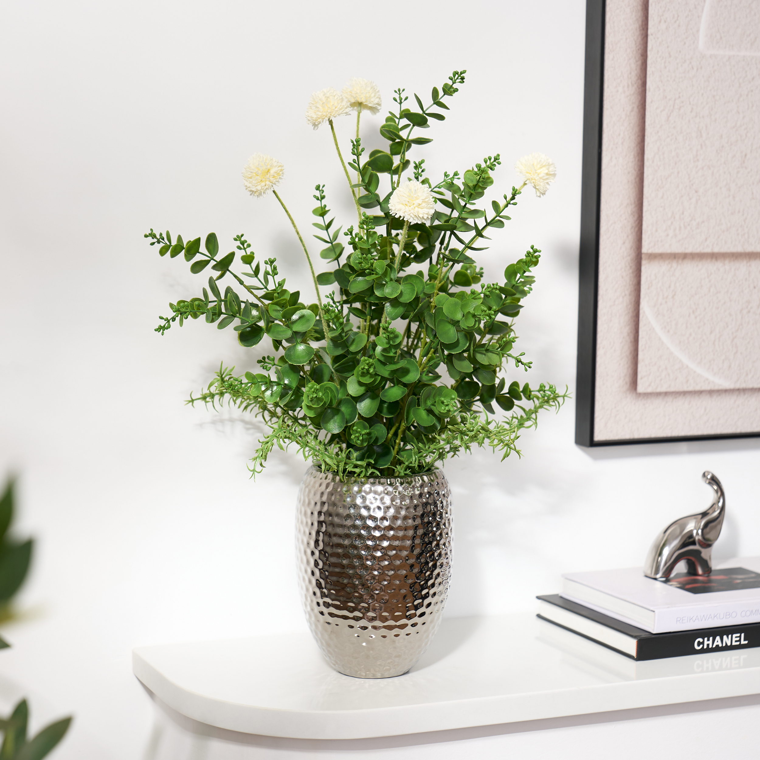 22.8" Artificial Floral Arrangement with Silver Electroplated Ceramic Vase