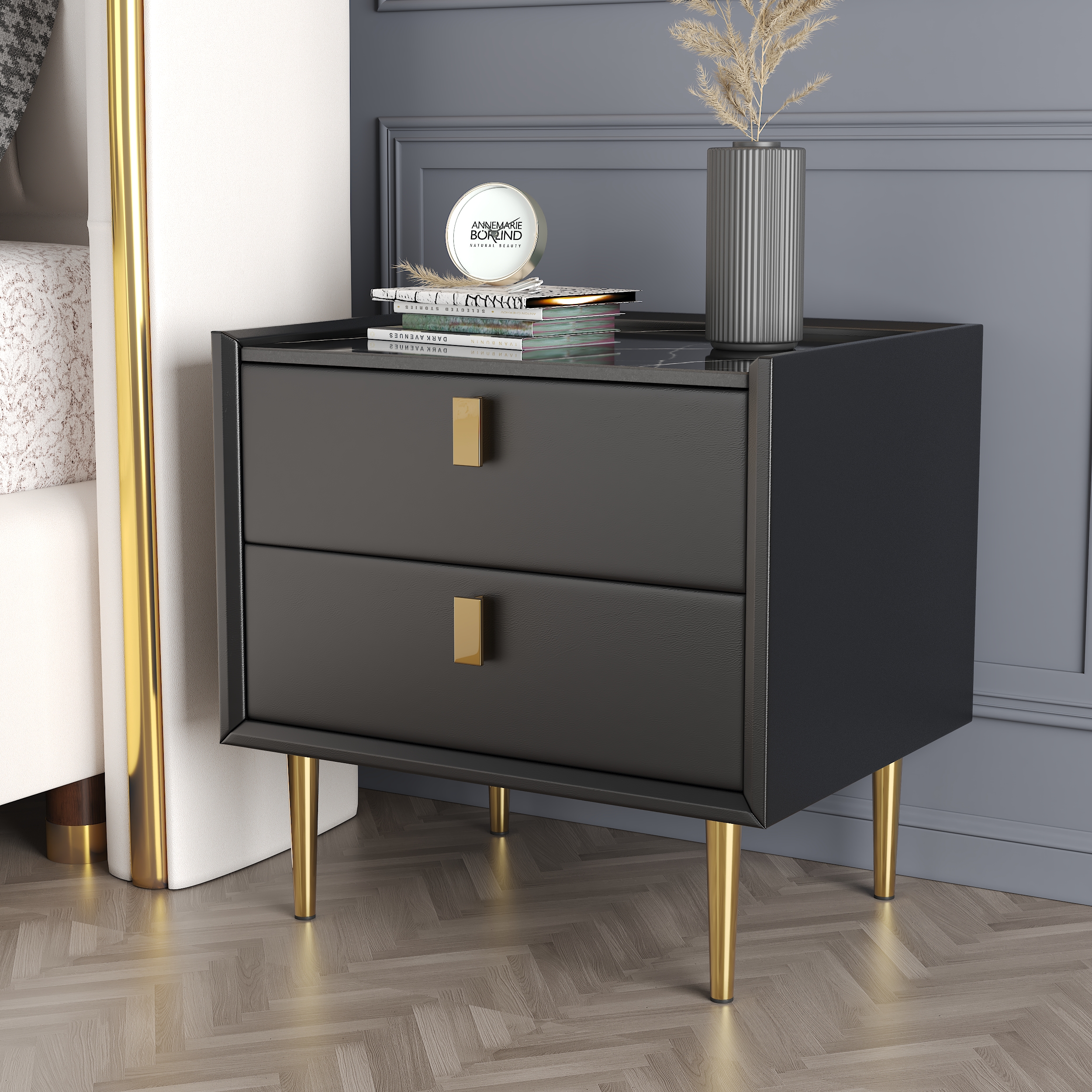 Modern 2 Drawers PU Leather Bedside Table Nightstand with Gold Metal Legs