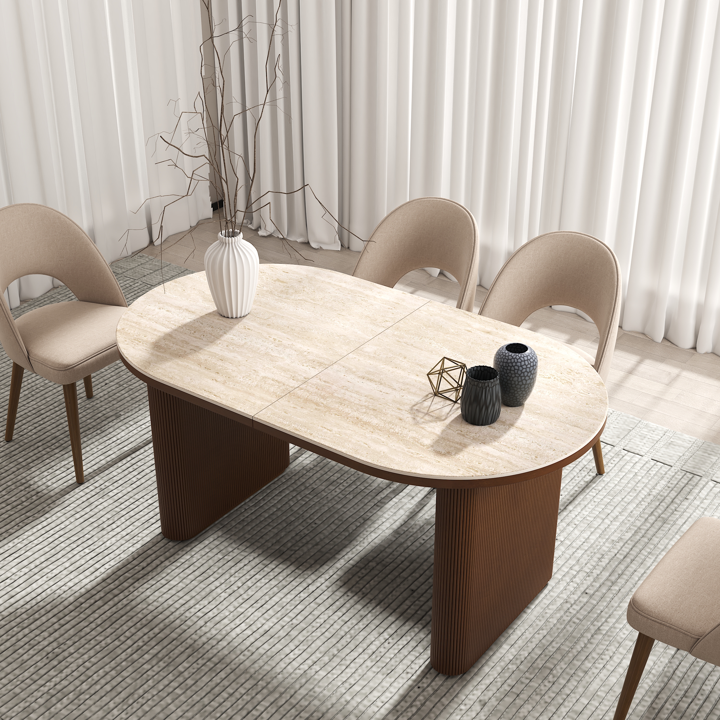 79''-95'' Oval Dining Table Extendable Butterfly Leaf Sintered Stone Top 6-10 Seater Matte