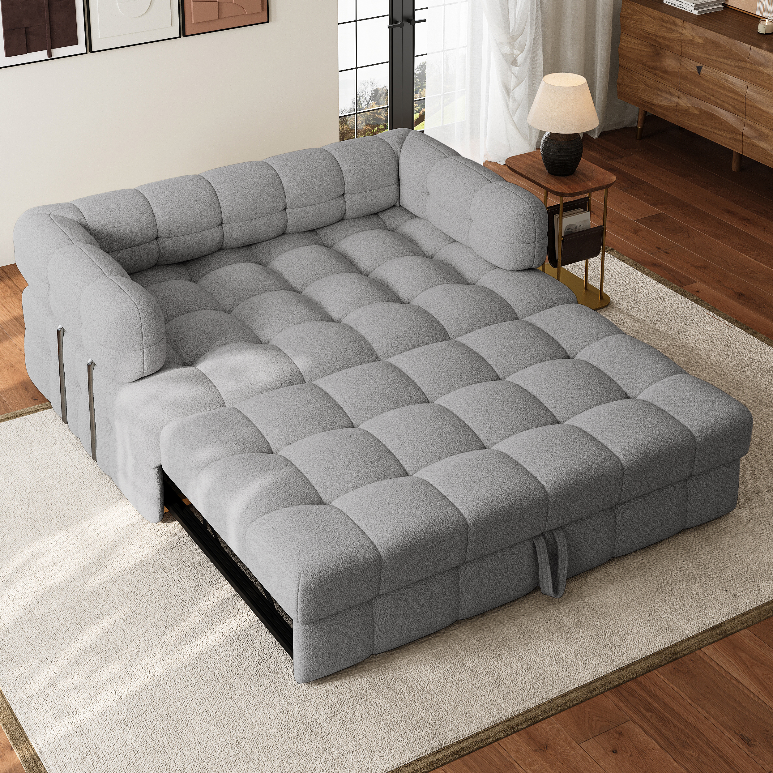 66'' Boucle Convertible Pull out Sofa Bed Couch 2 Seater Queen Sleeper Couch with Storage
