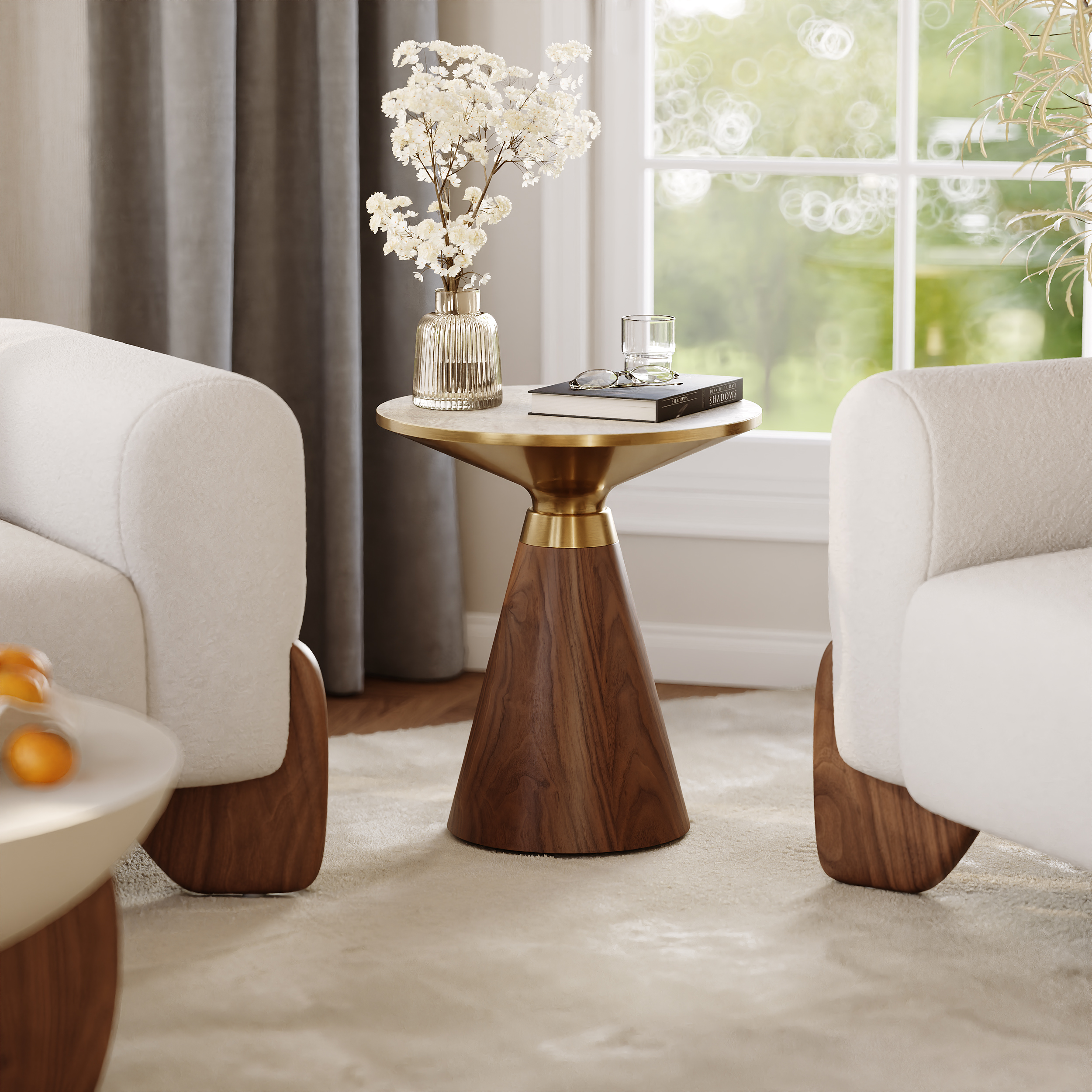 Round Walnut End Table with Travertine Top