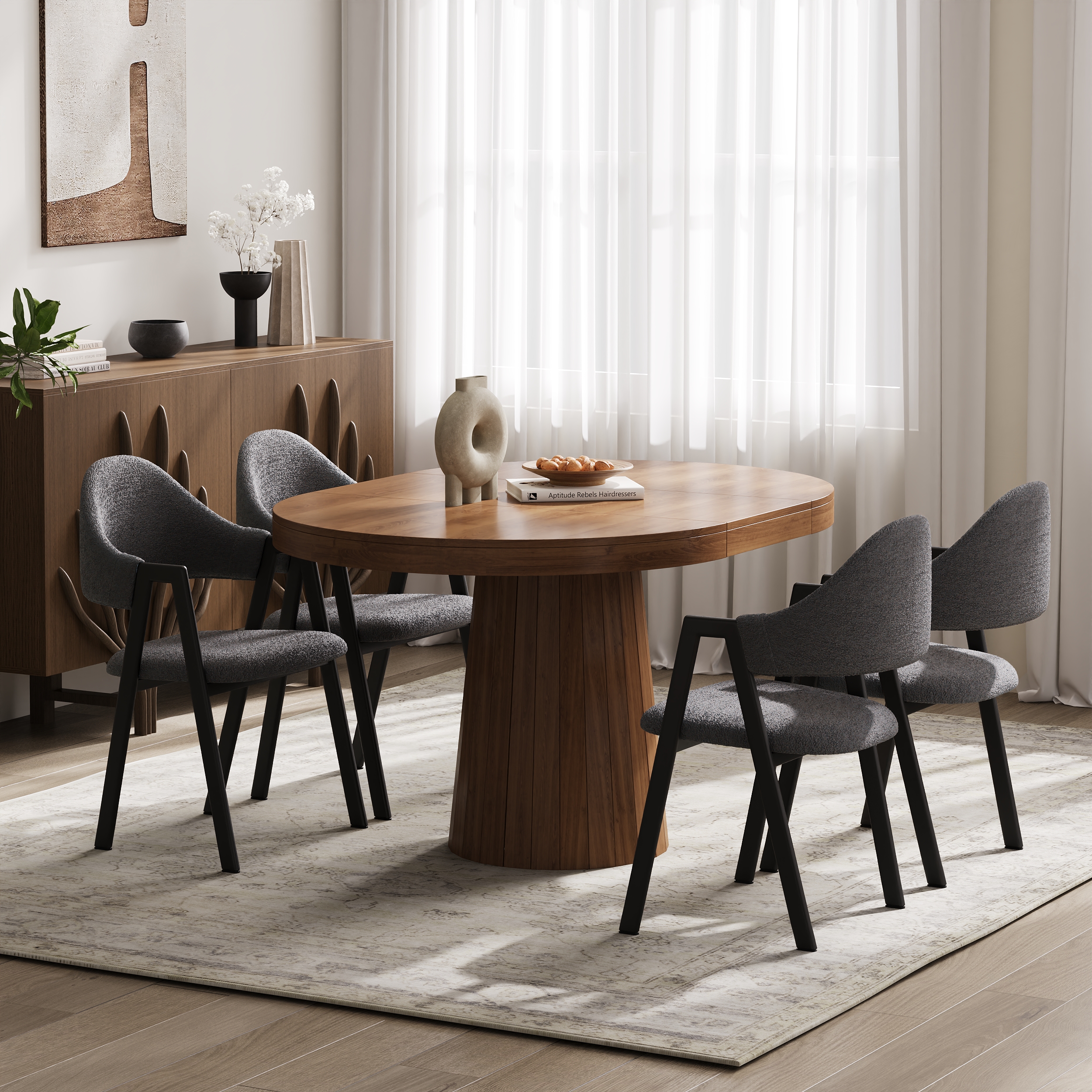 Set of 2 Boucle Dining Chair Upholstered Curved Gray Modern Dining Room Chairs