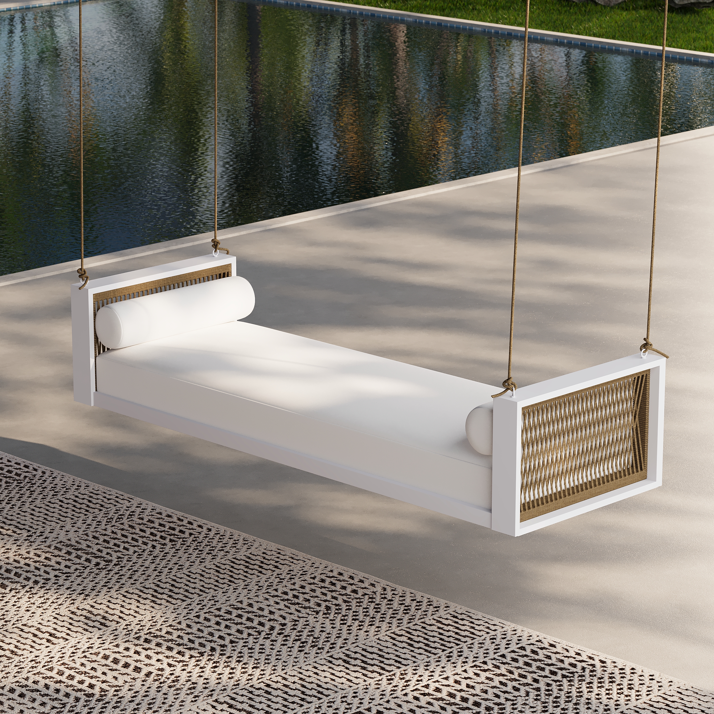 Patio Woven Rope Hanging Daybed Exterior Porch Swing Chair Sofa in White Cushion & Pillow