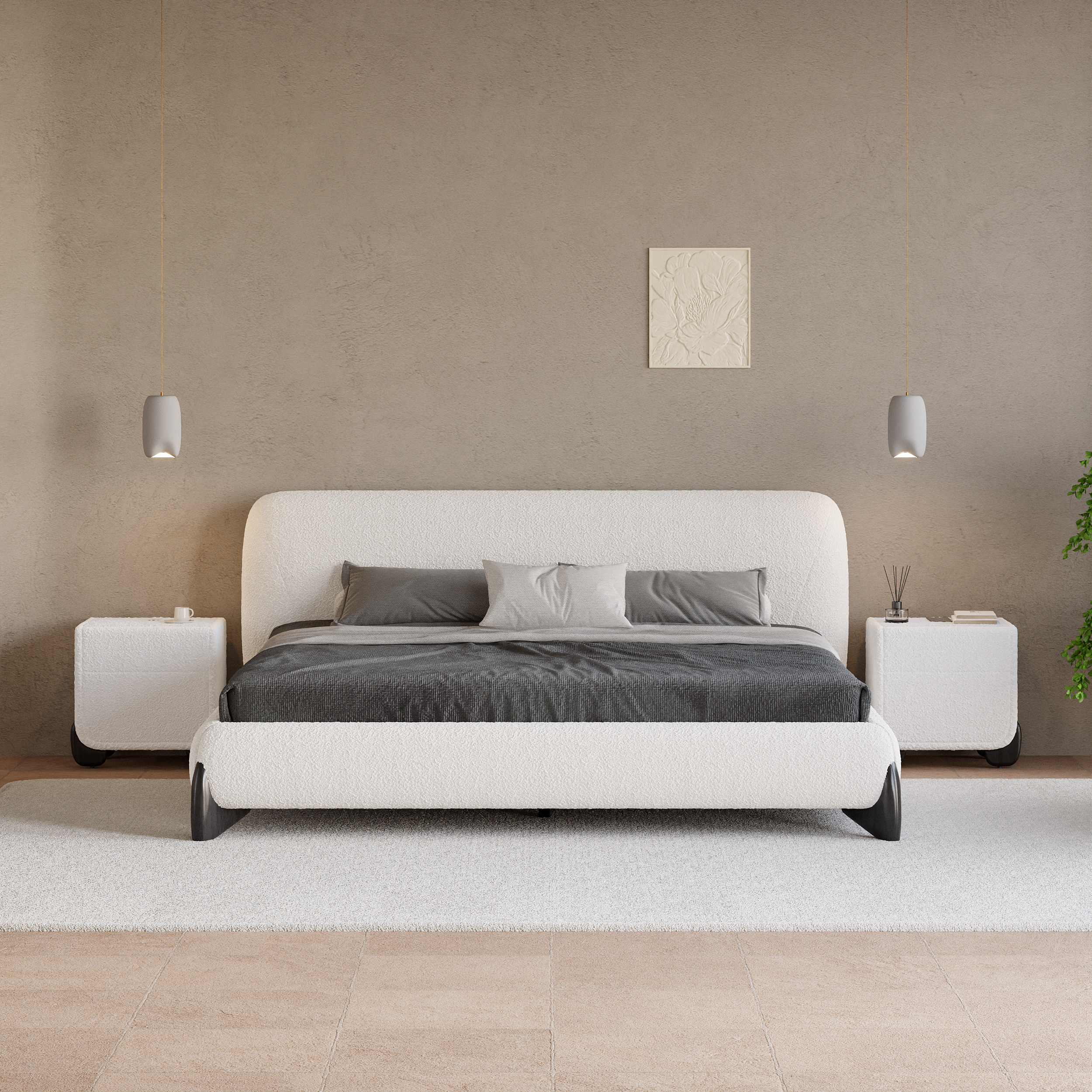 Homary King Size Modern Upholstered Bed Frame with Headboard White Boucle Mid-Century Modern Platform