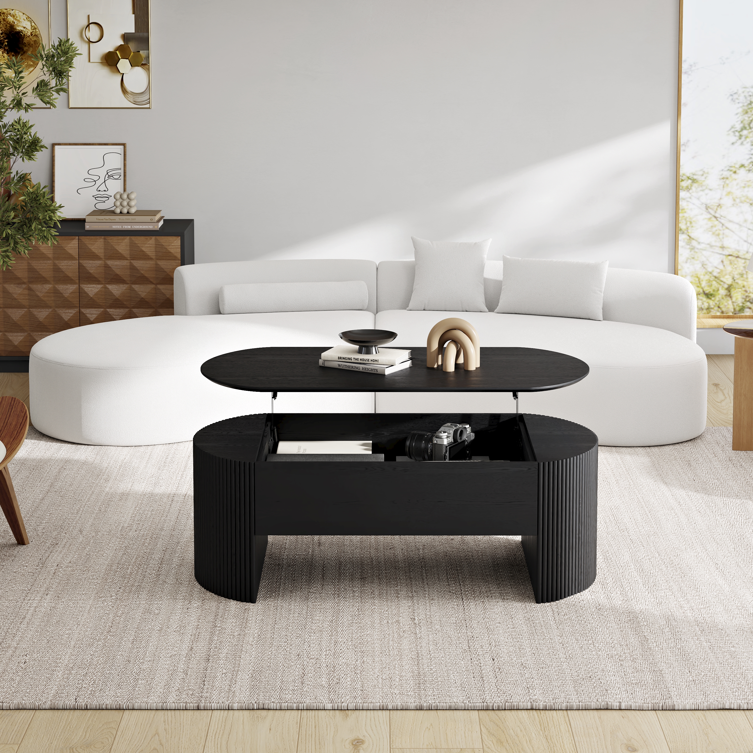 Black Oval Lift Top Mid-Century Modern Coffee Table