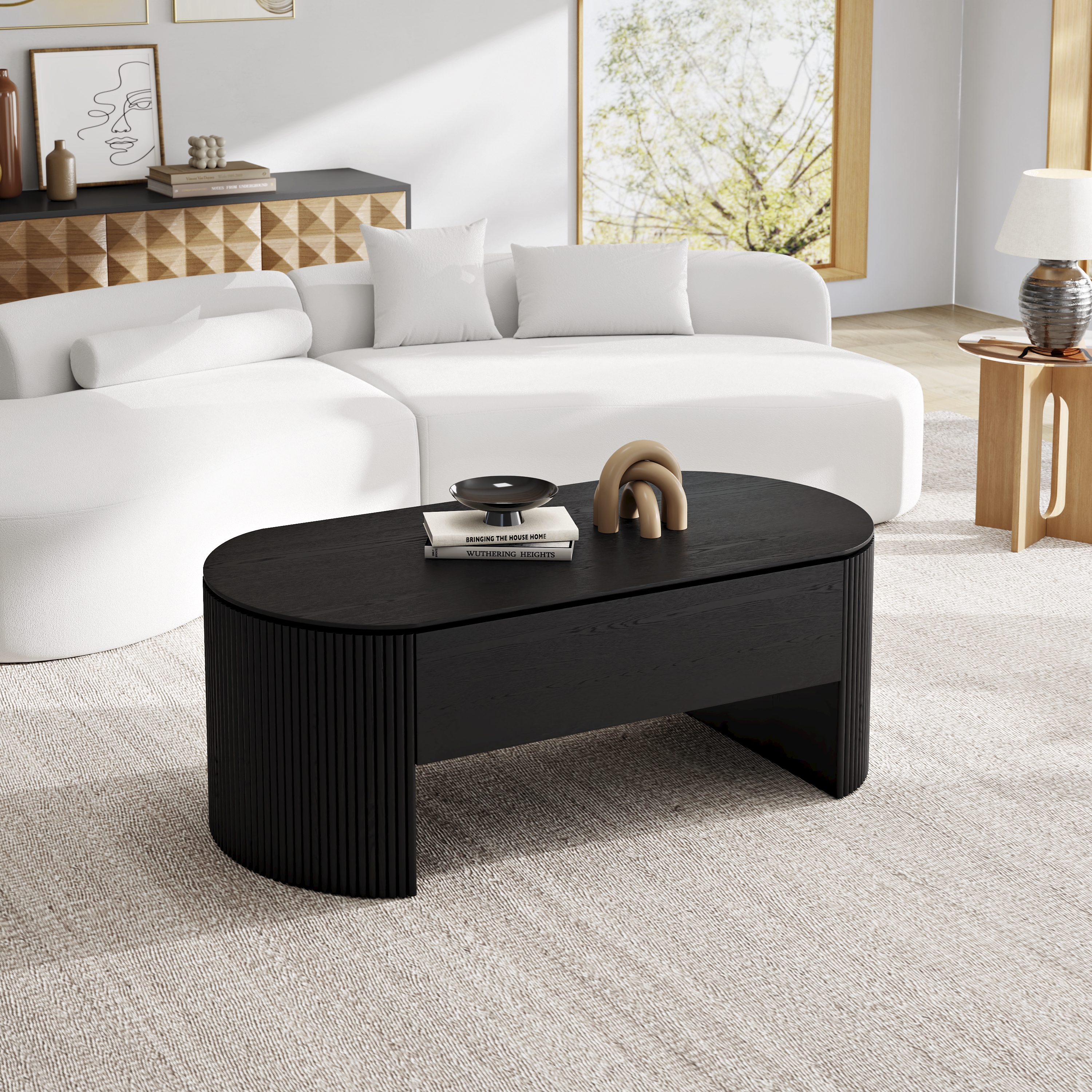 Black Oval Lift Top Mid-Century Modern Coffee Table