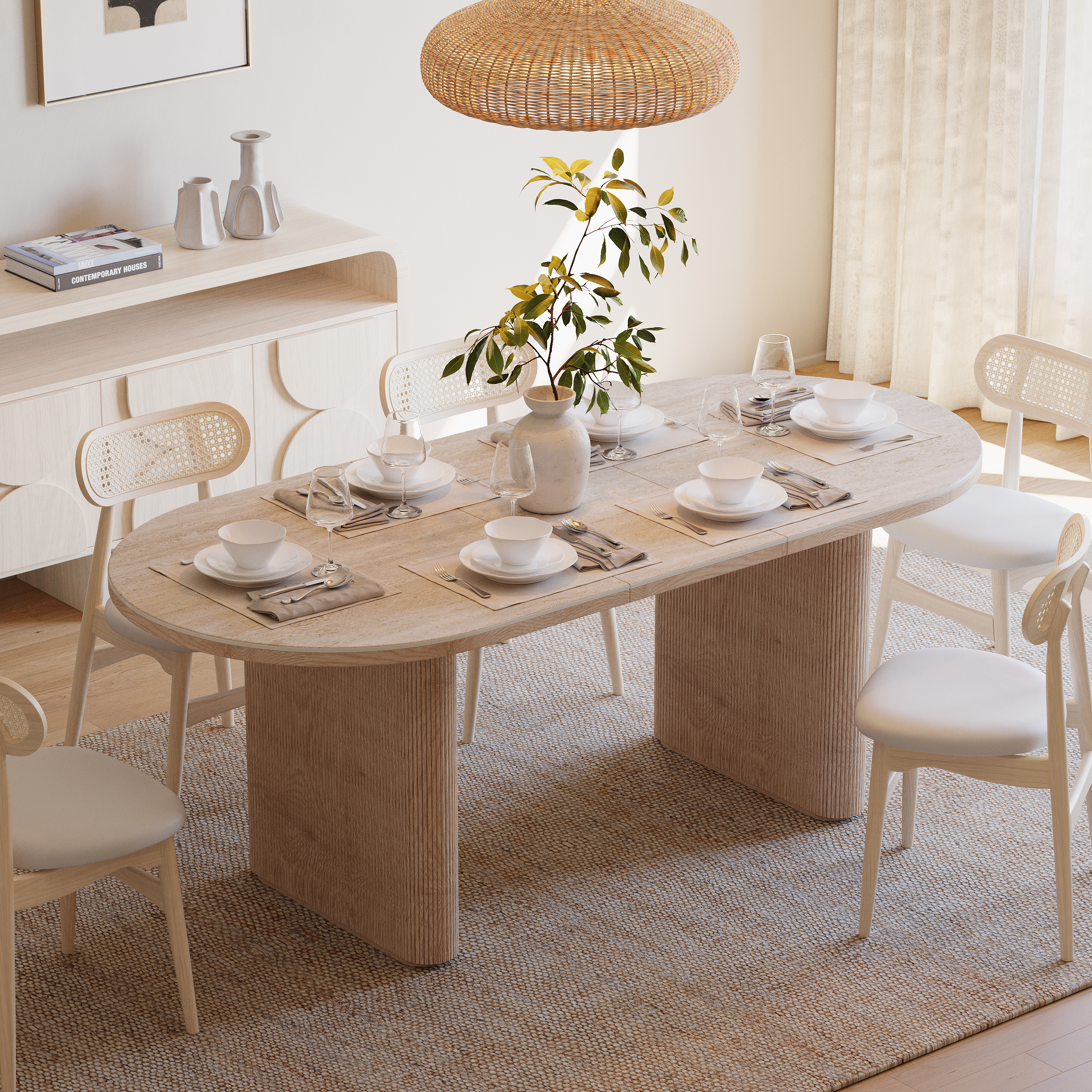 Mesa de comedor ovalada de 79 a 95 pulgadas, extensible, superficie de piedra sinterizada con hojas de mariposa, 6 a 10 plazas, travertino mate