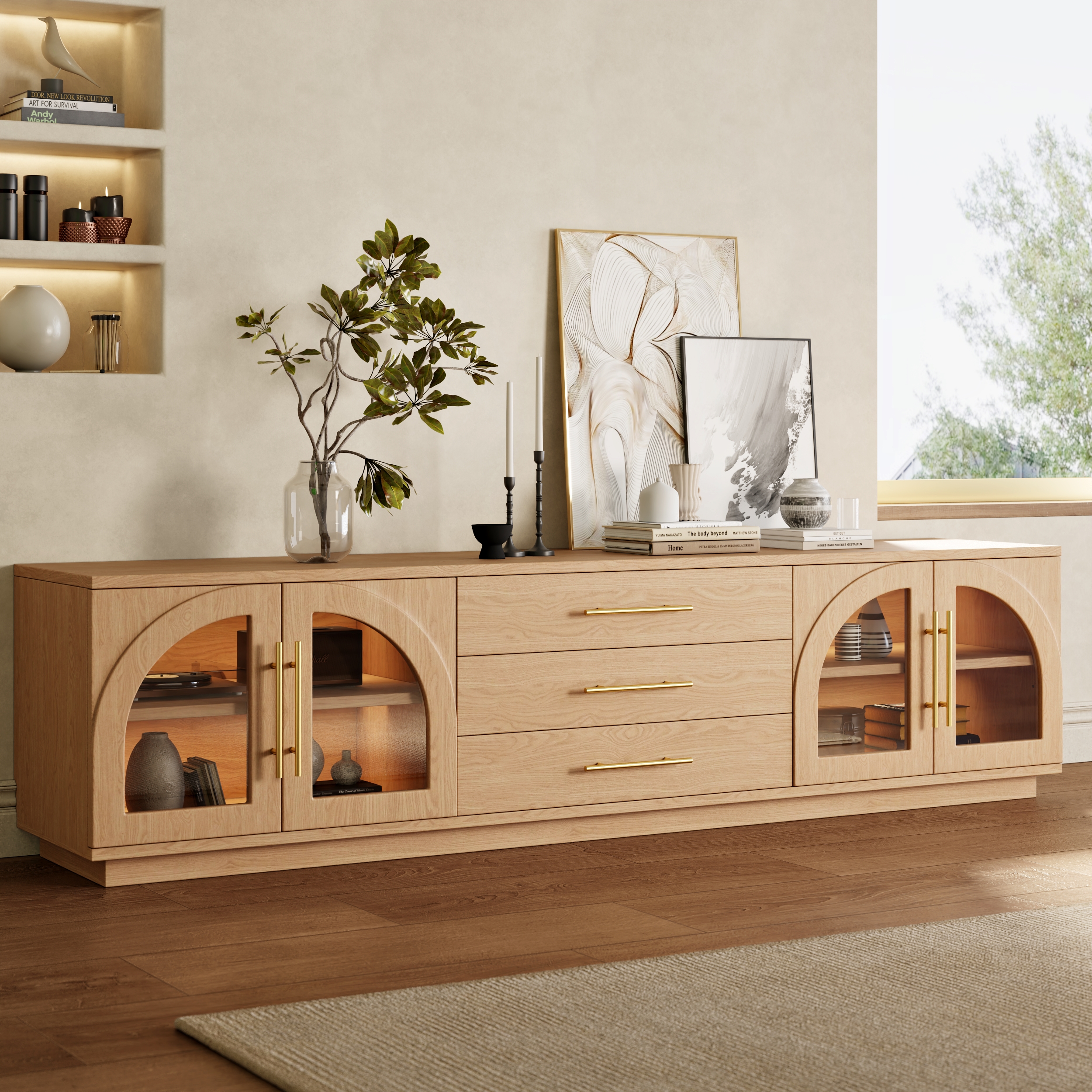Mueble de TV Arune de 203 cm, moderno y natural, de mediados de siglo, con luces LED y puertas de armario de cristal arqueadas