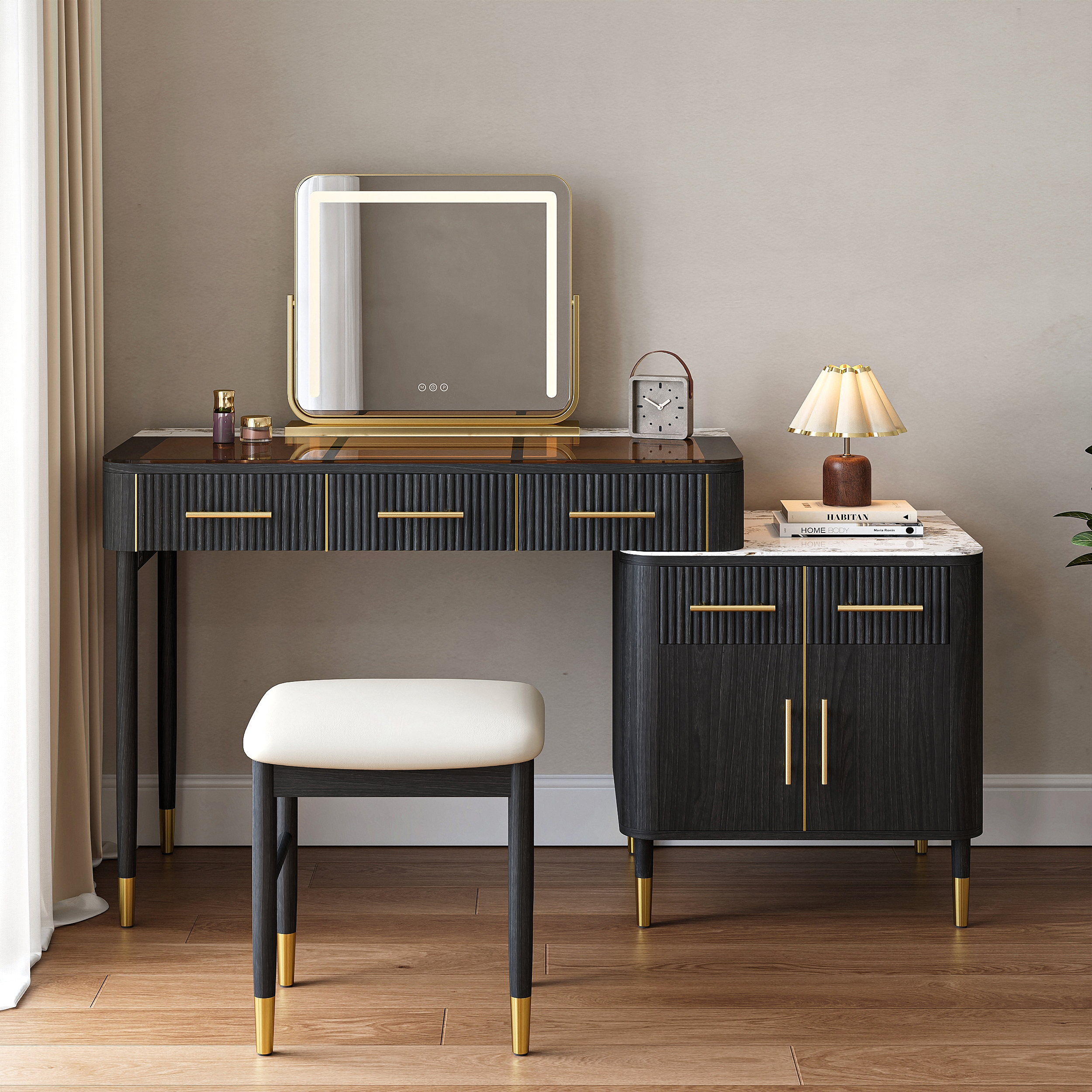Black Makeup Vanity Set with Lighted Mirror & Stool Mid Century Modern Dressing Table with Glass