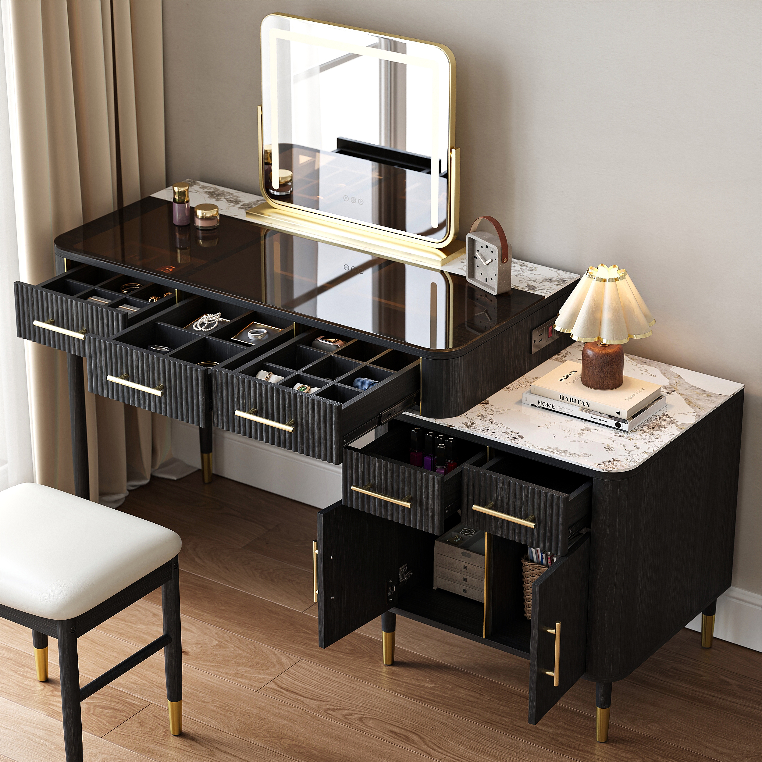 Black Makeup Vanity Set with Lighted Mirror & Stool Mid Century Modern Dressing Table with Glass