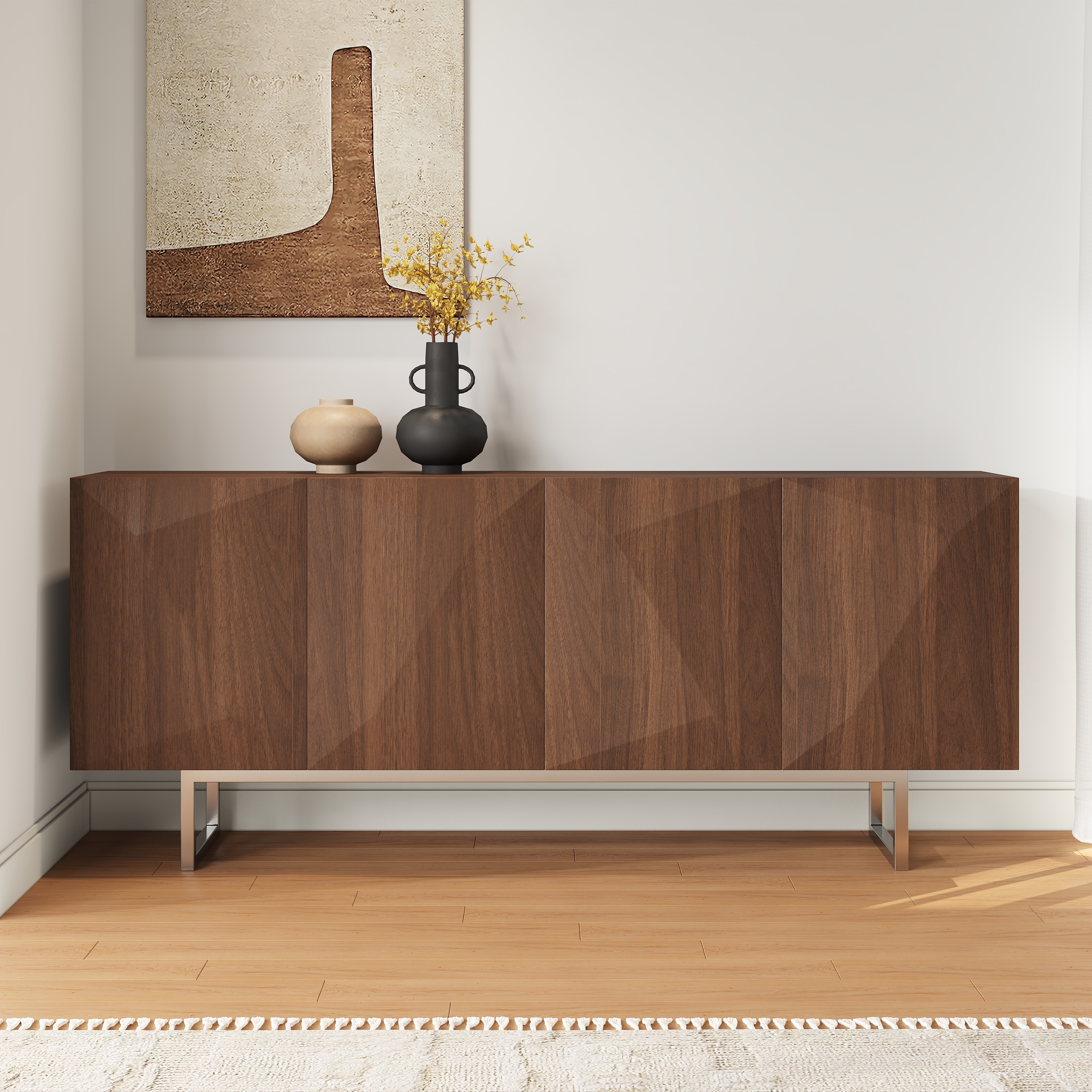 71" Sideboard with Adjustable Shelves Modern Walnut Kitchen Cabinet Silver Base
