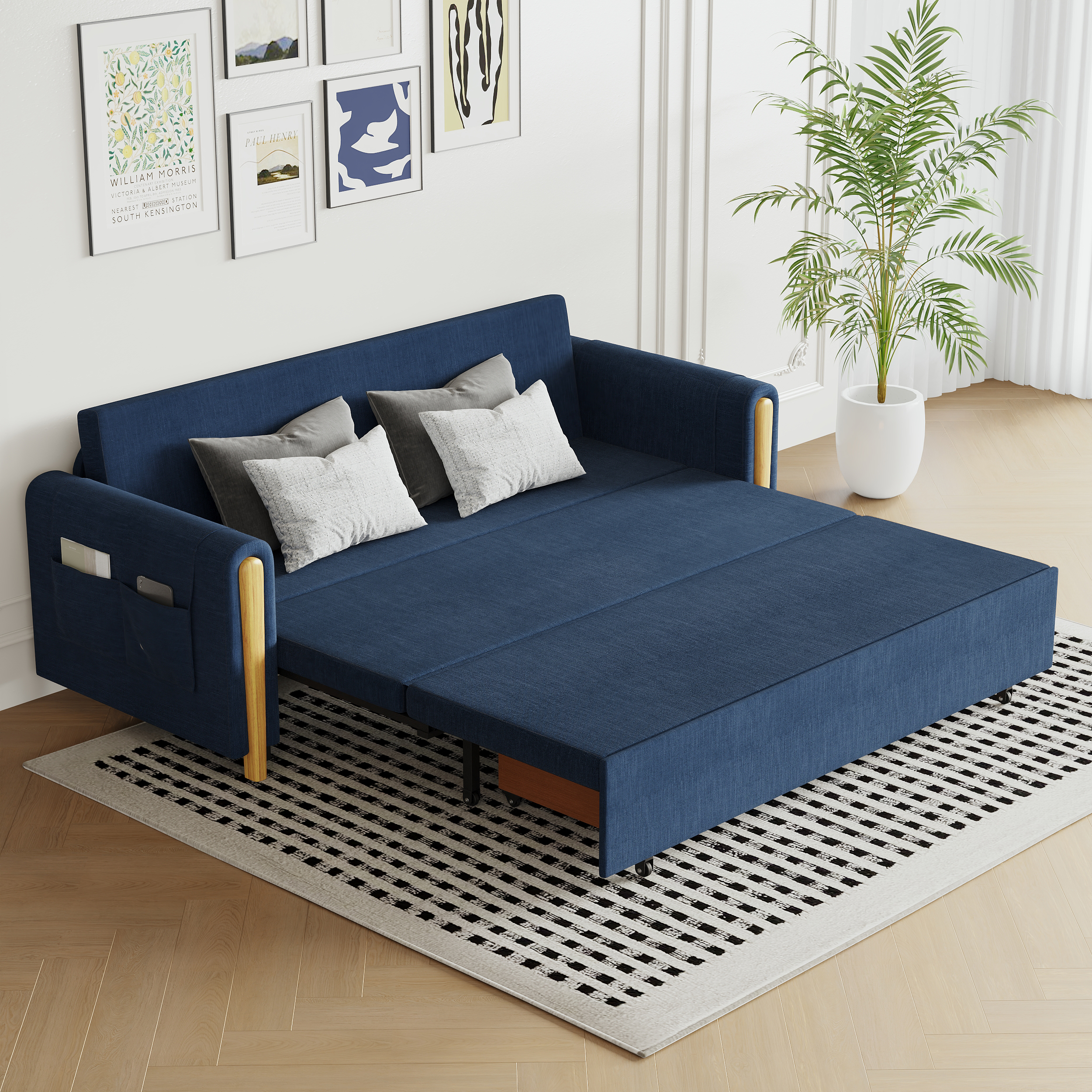 Taille Du Canapé-lit:208 cm 3 Places | Tissu & Couleur:Lin Bleu