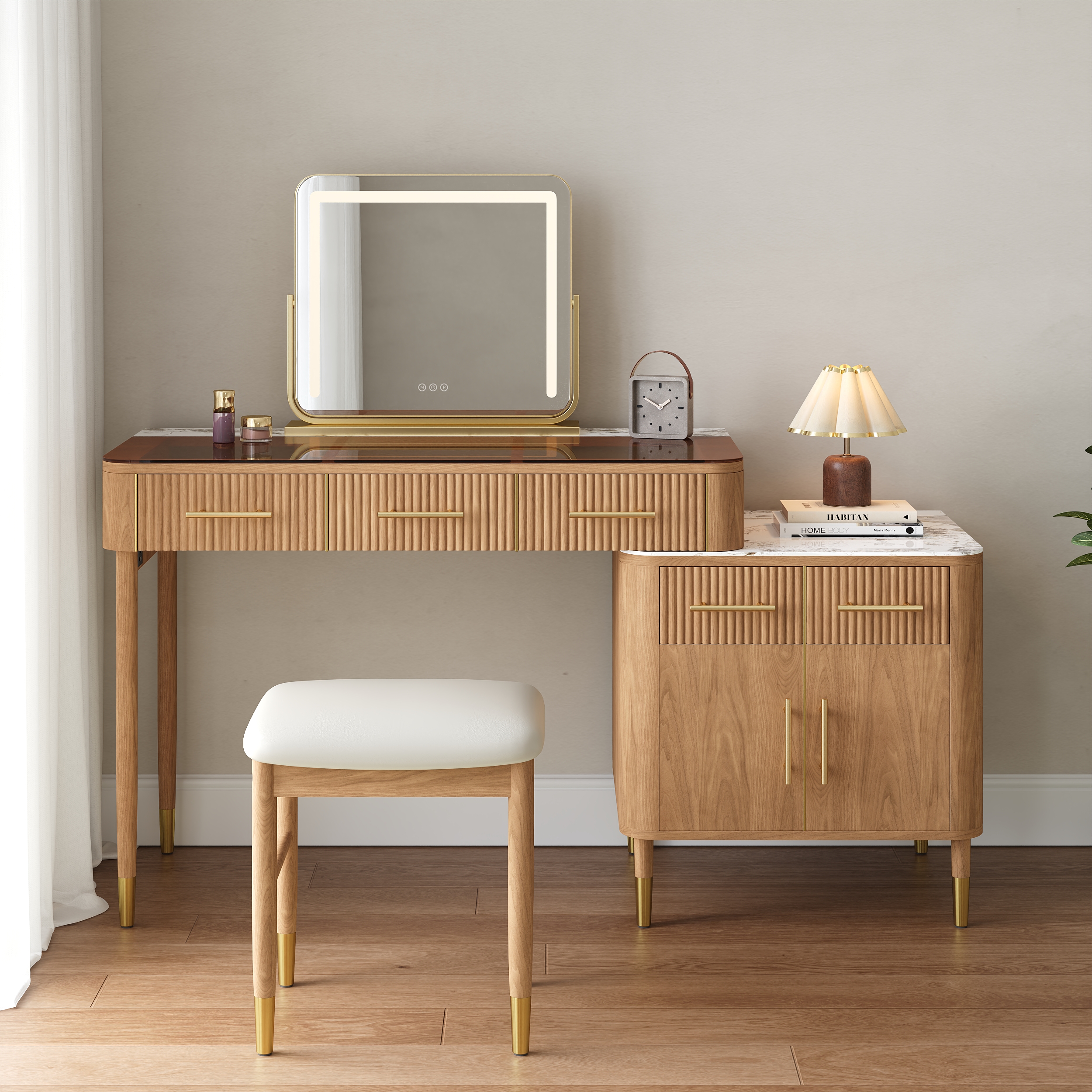 Natural Makeup Vanity Set with Lighted Mirror & Stool Mid Century Modern Dressing Table with Glass