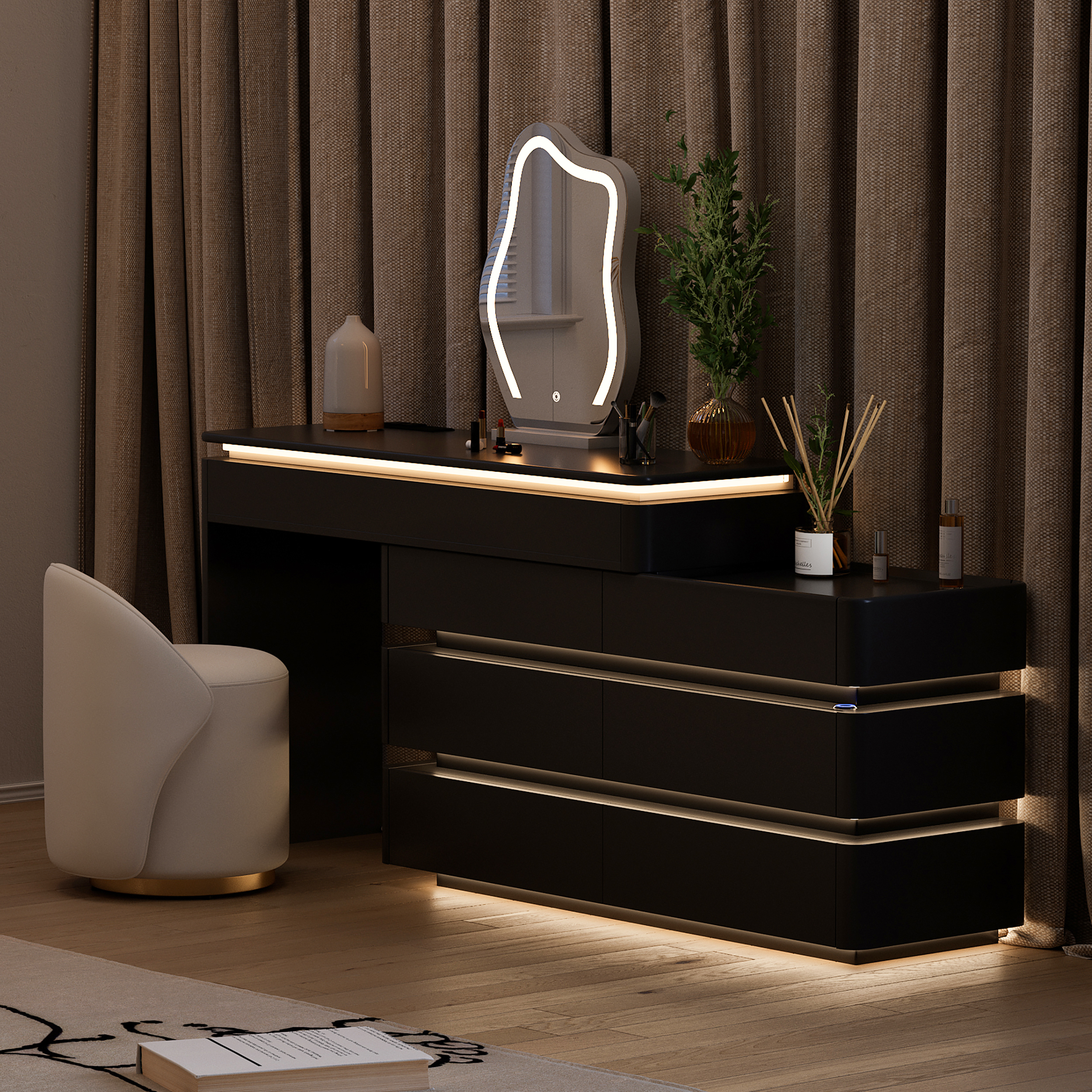 47" Smart Makeup Vanity Set Retractable Dressing Table with Mirror & Lights
