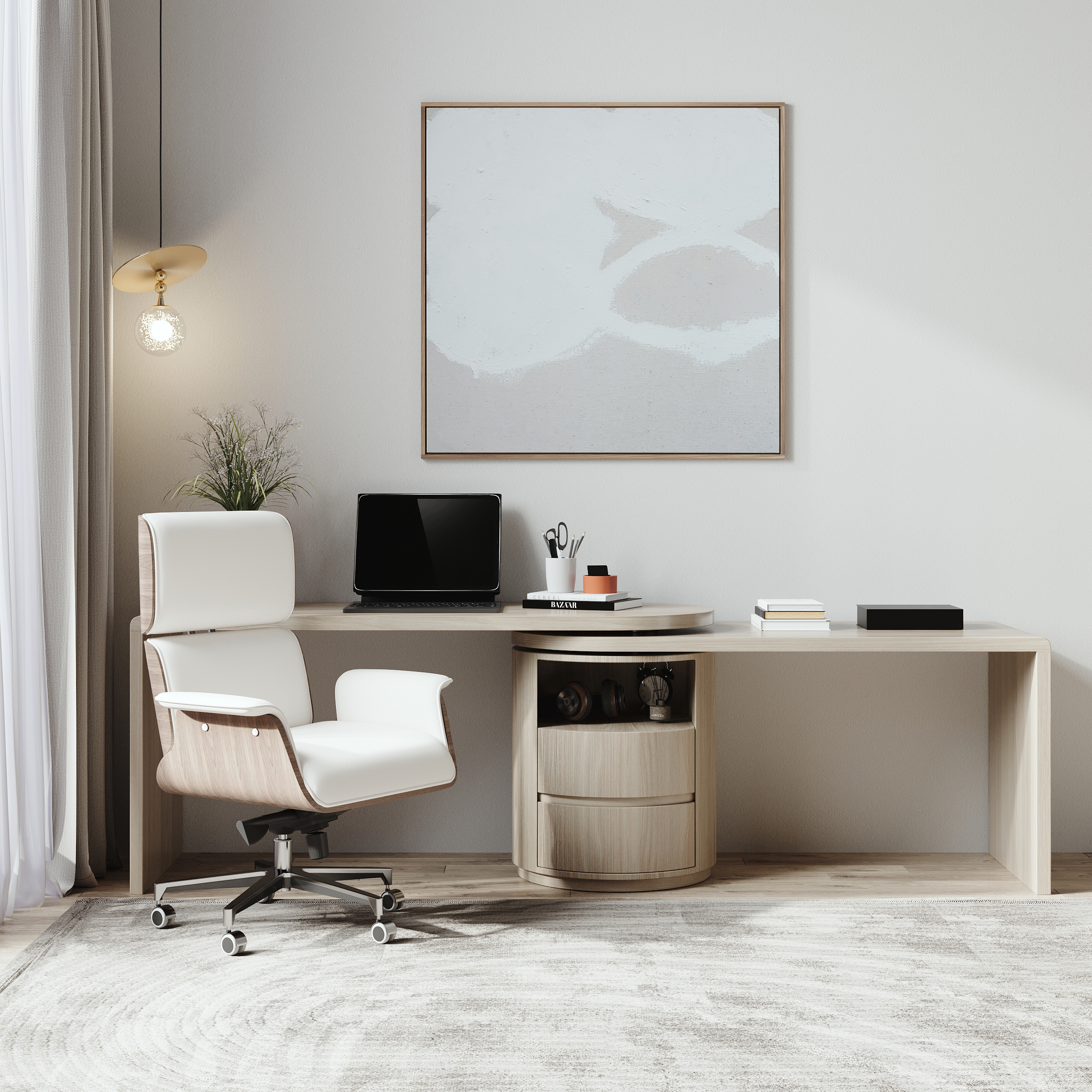 Modern Wash White L Shaped Desk & Off White Home Office Chair Set Upholstered Swivel