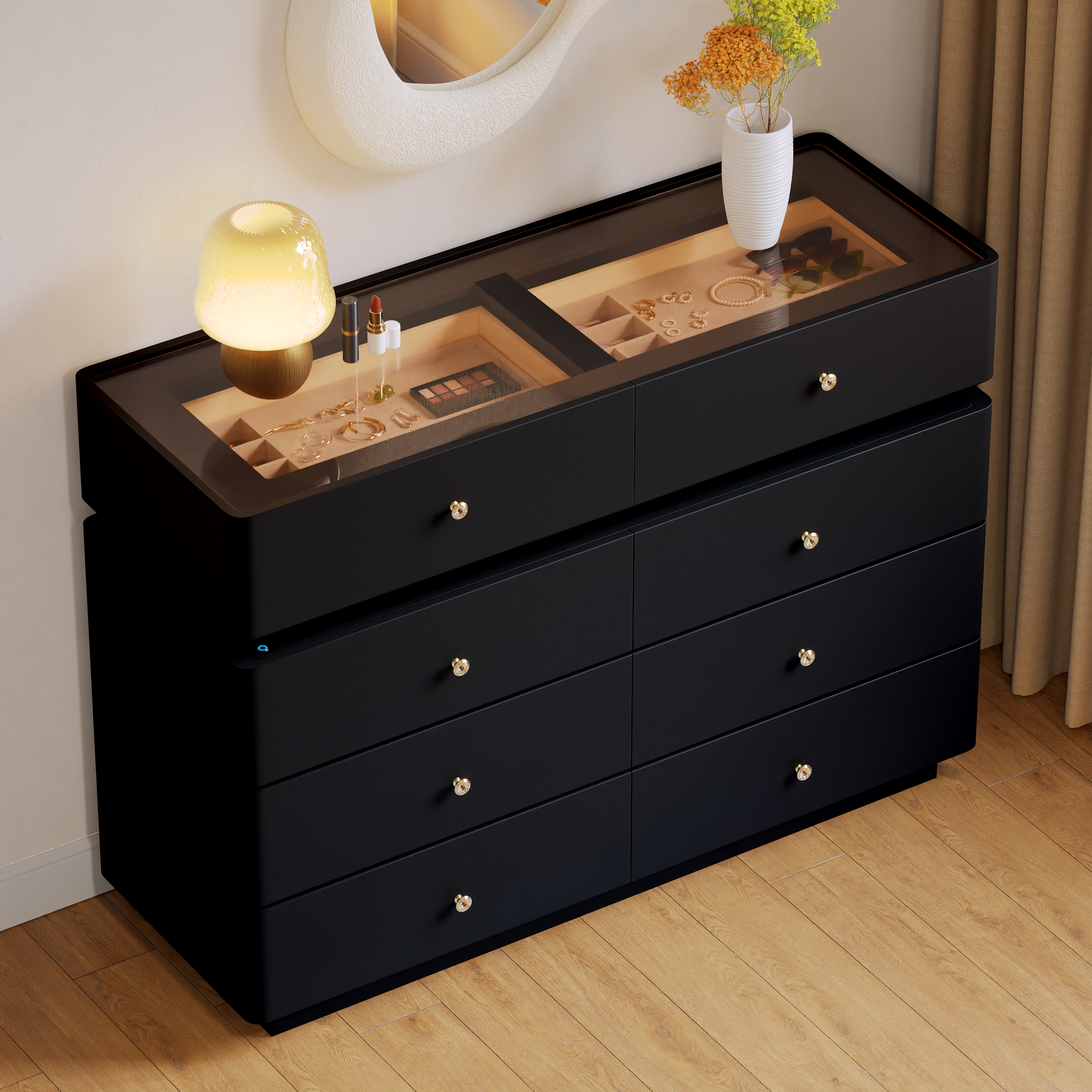 47" Glass Top Walk-in Closet Island 8-Drawer Dresser with Light