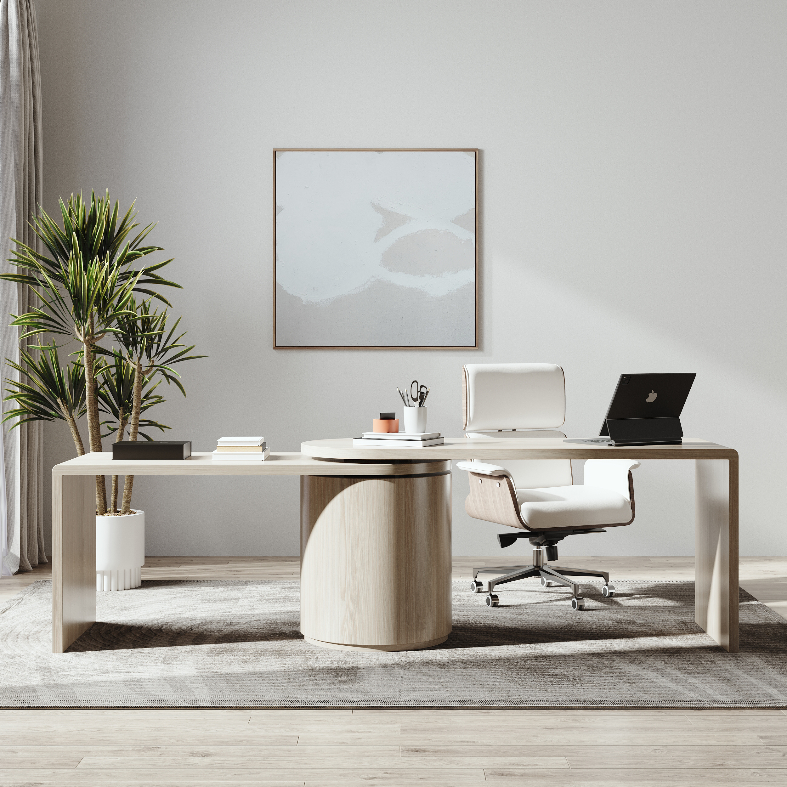 Modern Wash White L Shaped Desk & Off White Home Office Chair Set Upholstered Swivel