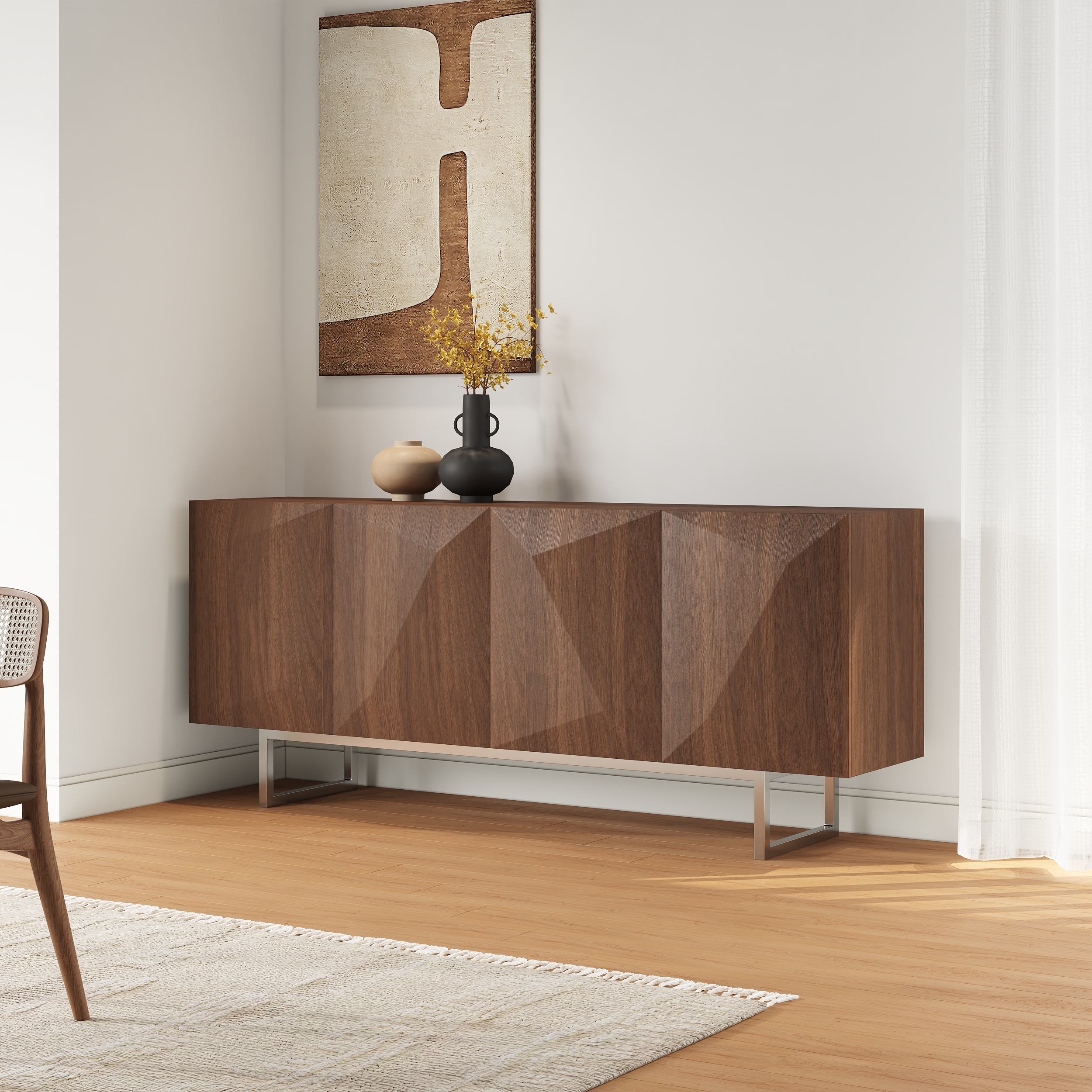 71" Sideboard with Adjustable Shelves Modern Walnut Kitchen Cabinet Silver Base