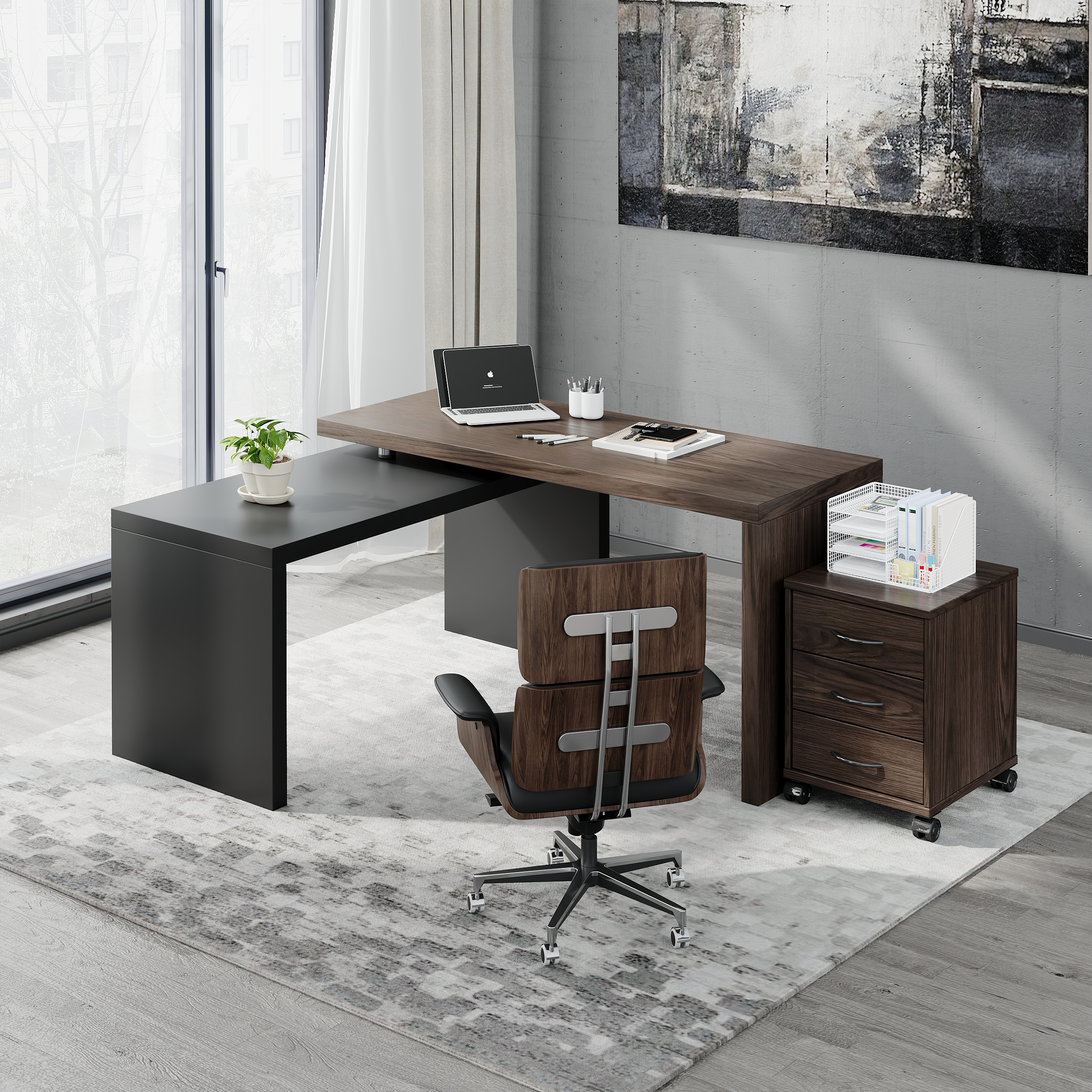 Modern Swivel Desk & Black Home Office Chair Set L-Shaped Rotating Desk Adjustable