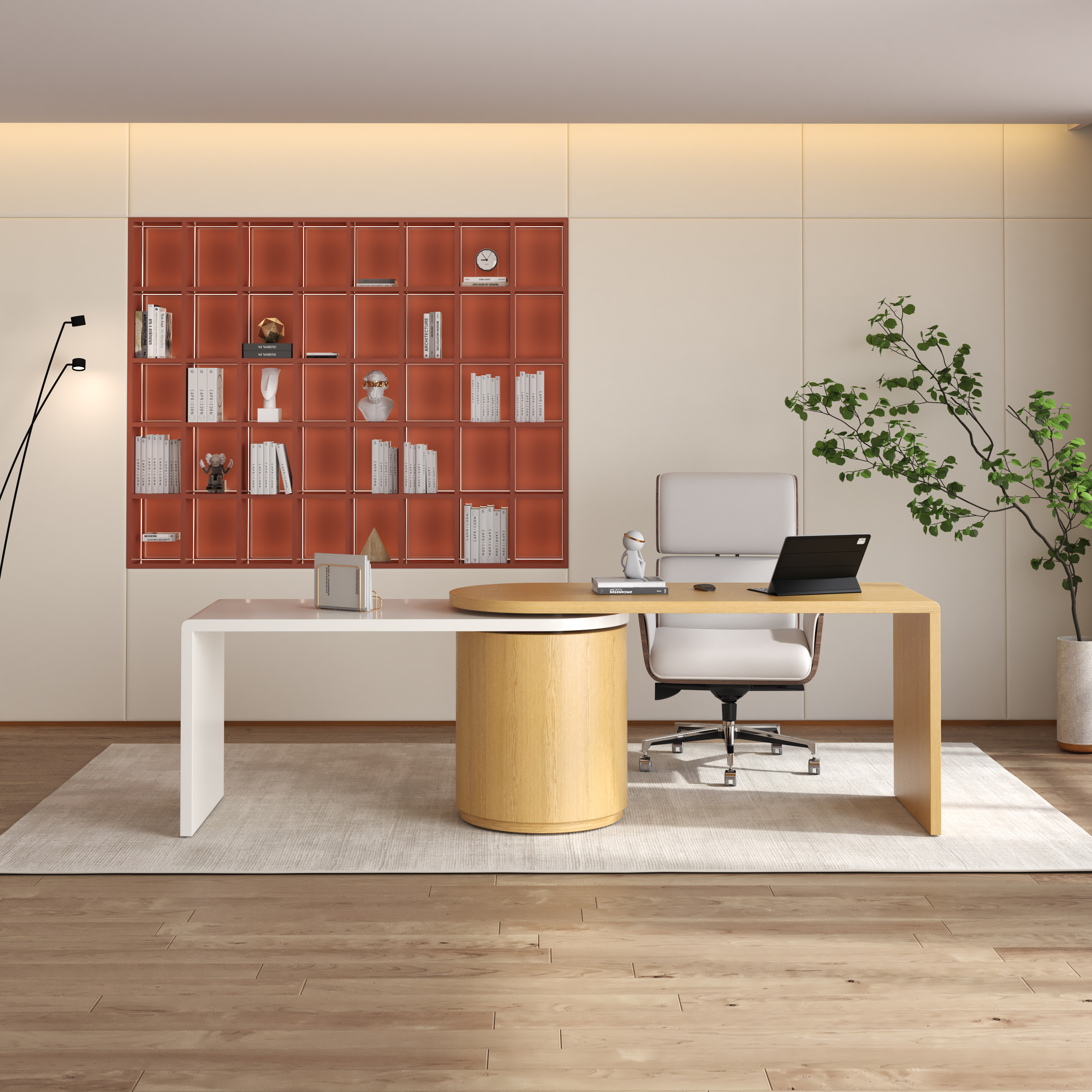 Modern Natural & White L Shaped Desk & with Off White Home Office Chair Set Upholstered