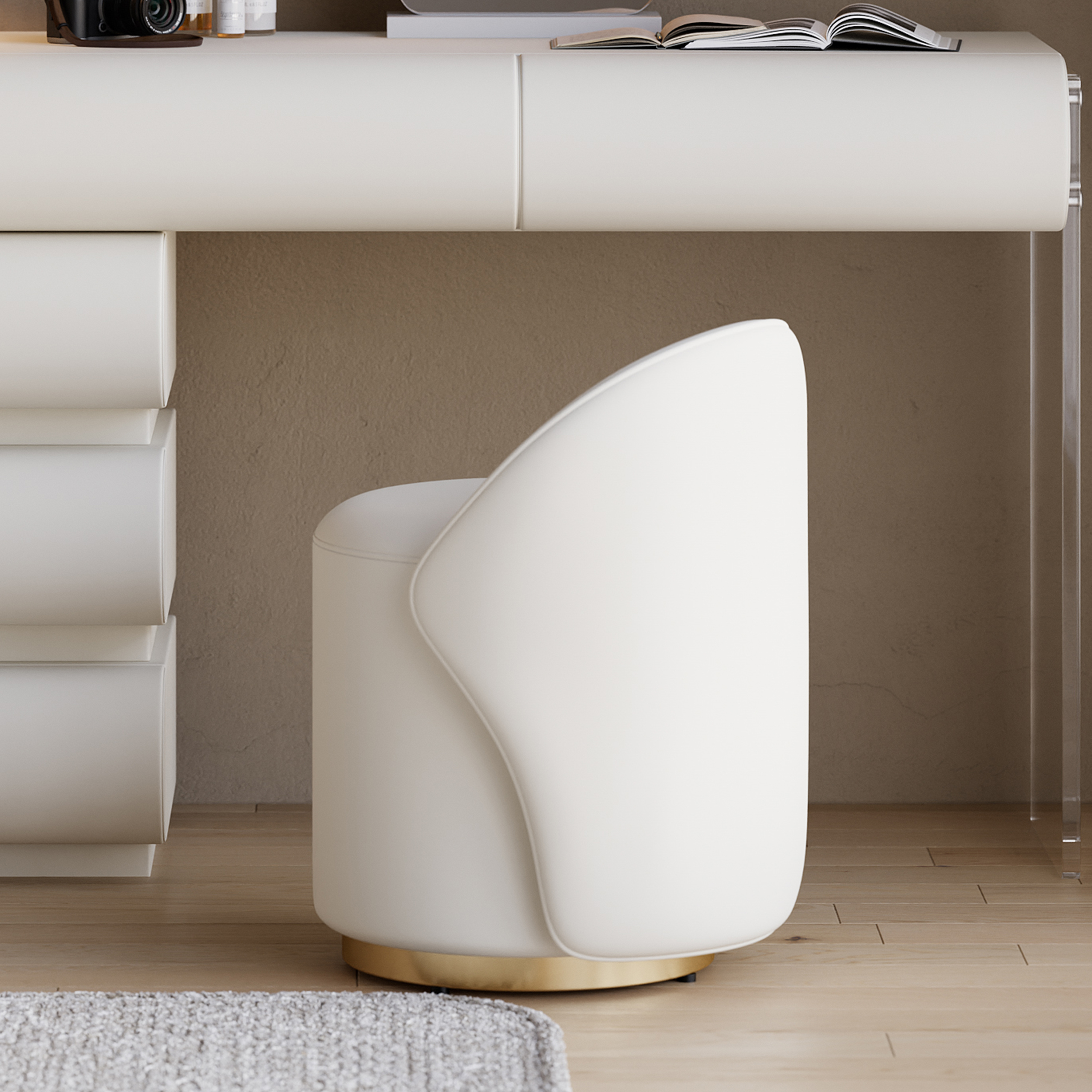 Leather Round Makeup Vanity Stool with Back Accent Chair