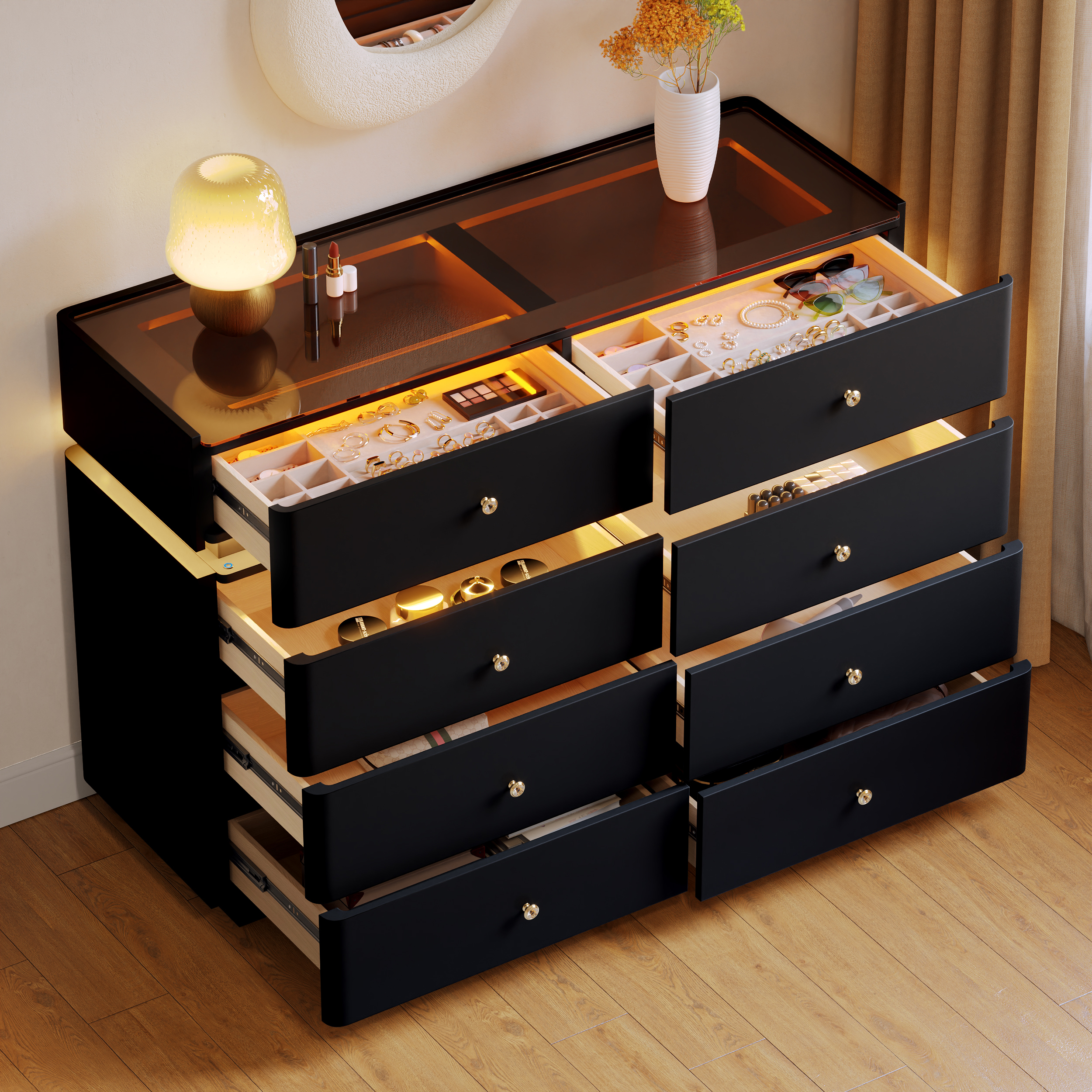 47" Glass Top Walk-in Closet Island 8-Drawer Dresser with Light