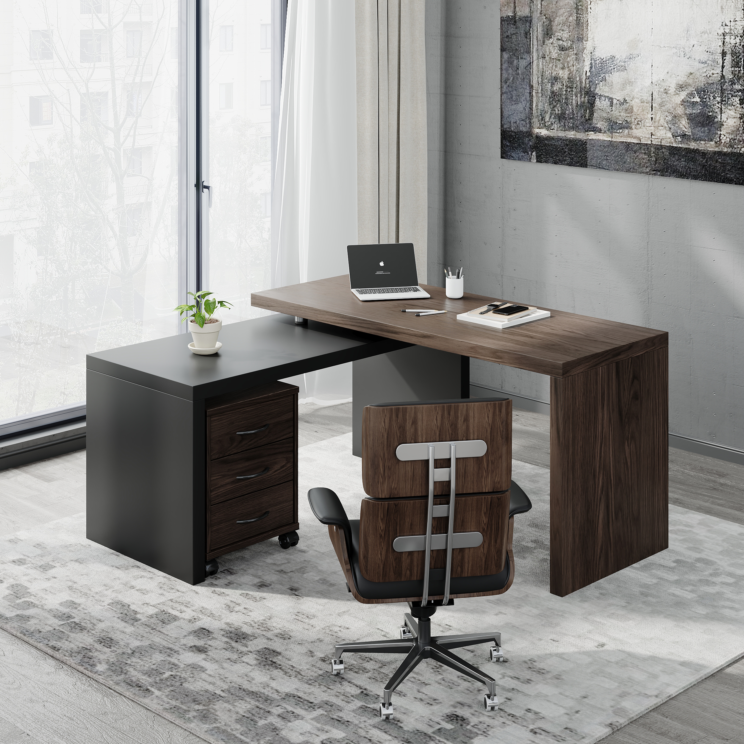 Modern Swivel Desk & Black Home Office Chair Set L-Shaped Rotating Desk Adjustable