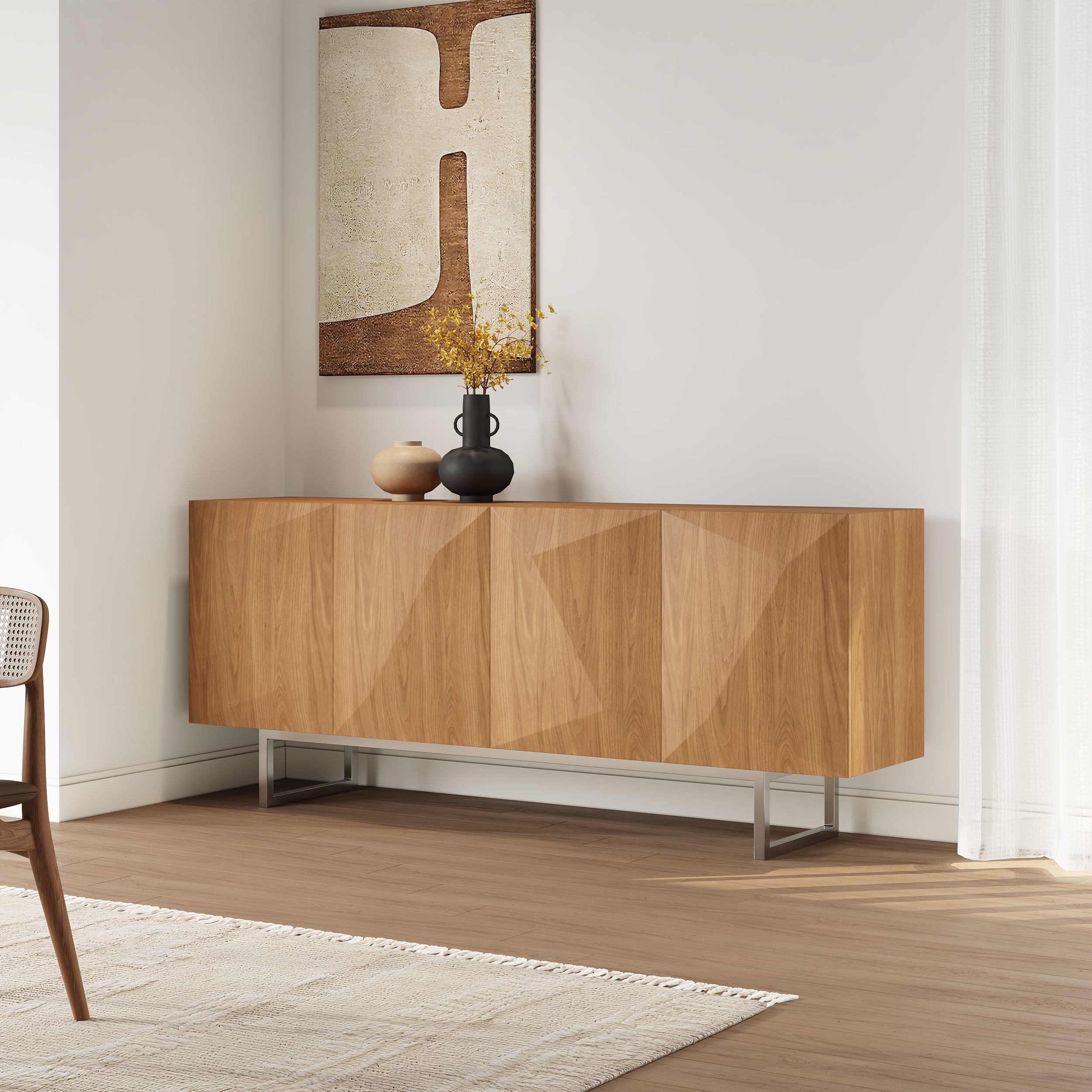 71" Sideboard with 4 Doors Adjustable Shelves Modern Natural Buffet Kitchen Cabinet