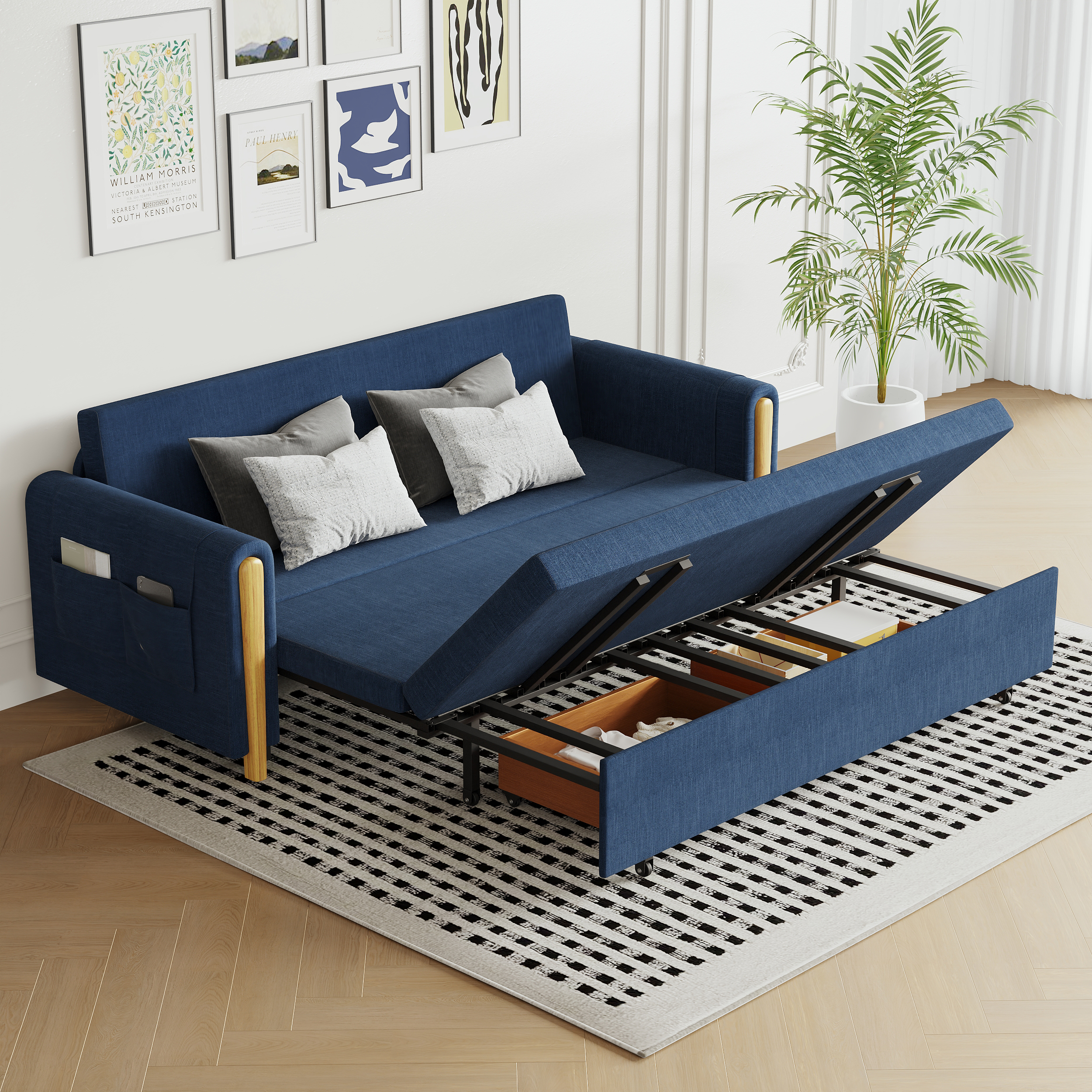 Sofá cama convertible de lino de 3 plazas, tamaño queen, 82 pulgadas