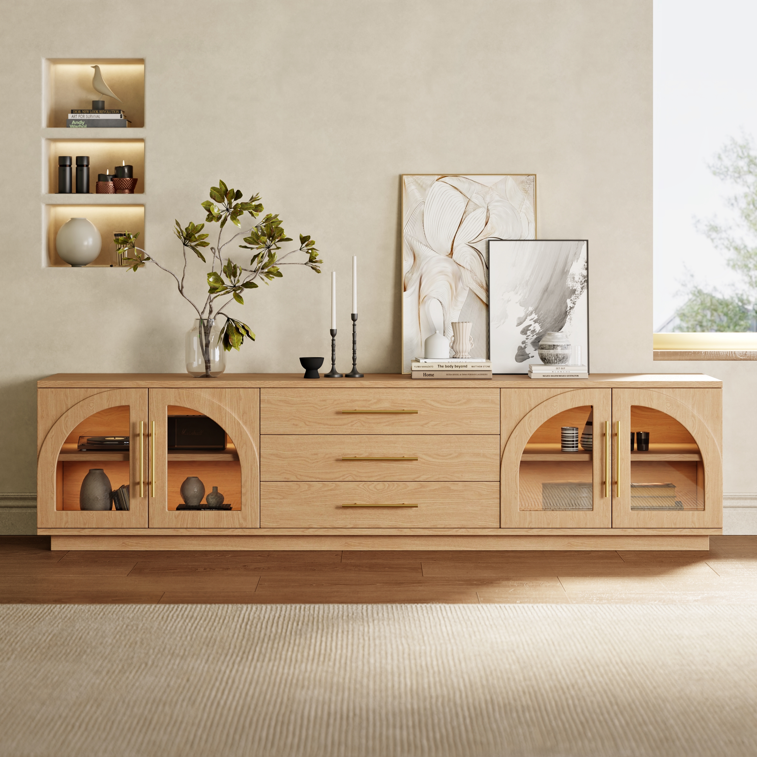 Arune 80" Mid Century Modern Natural TV Stand with LED Lights and Arched Glass Cabinet