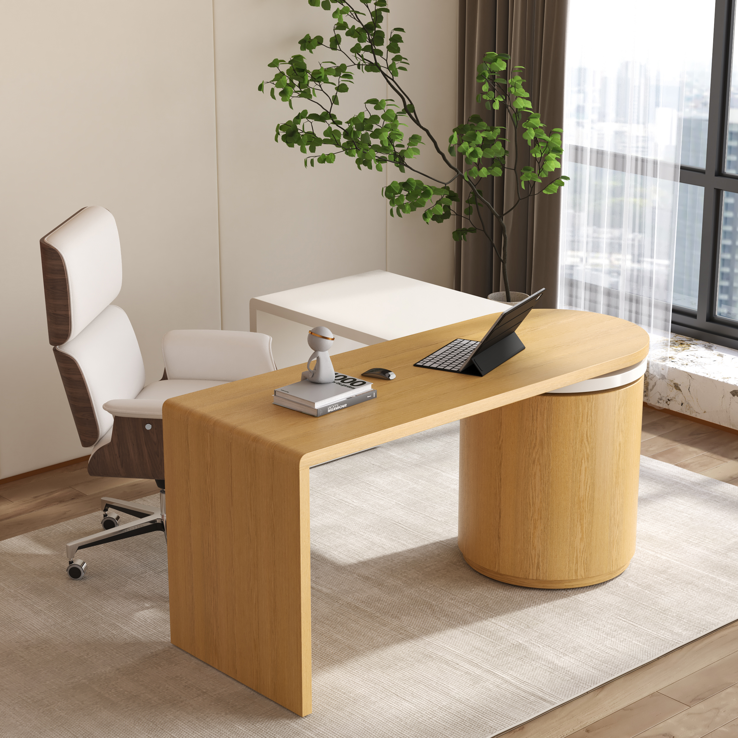 Bureau moderne en forme de L naturel et blanc avec ensemble de chaises de bureau à domicile rembourrées blanc cassé-image-online-fr-fr-48369