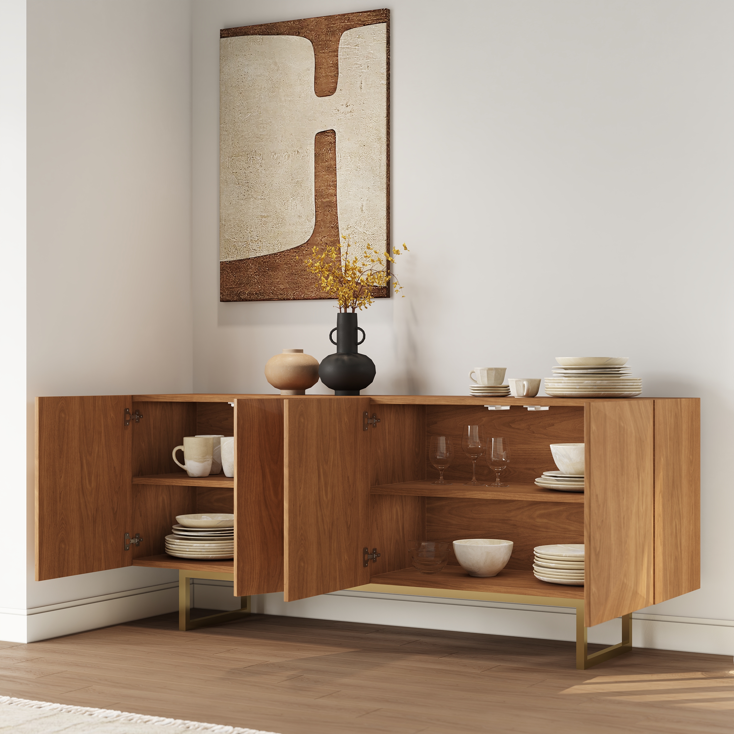 71" Modern Natural Buffet Sideboard with Gold Base & Adjustable Shelves