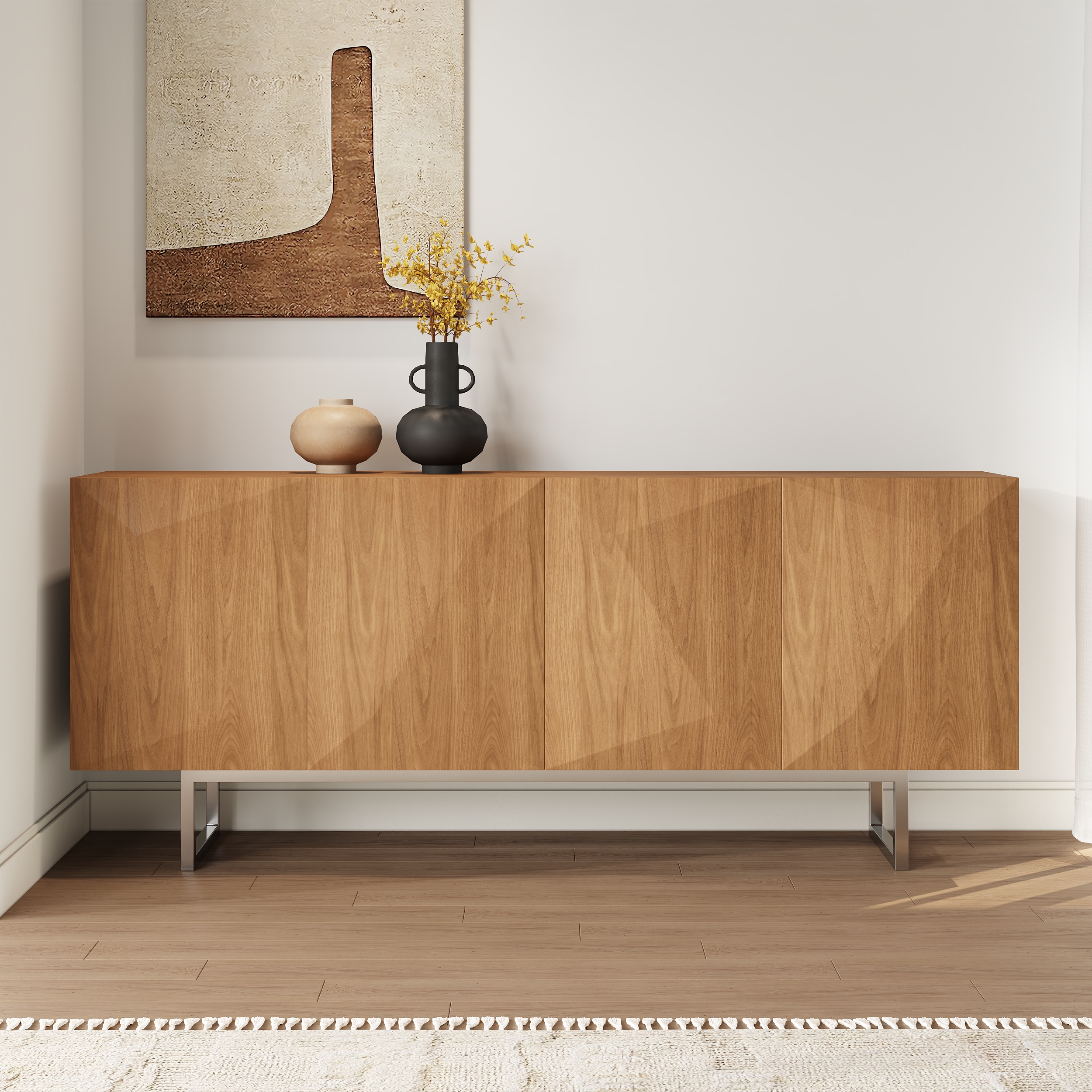 71" Sideboard with 4 Doors Adjustable Shelves Modern Natural Buffet Kitchen Cabinet
