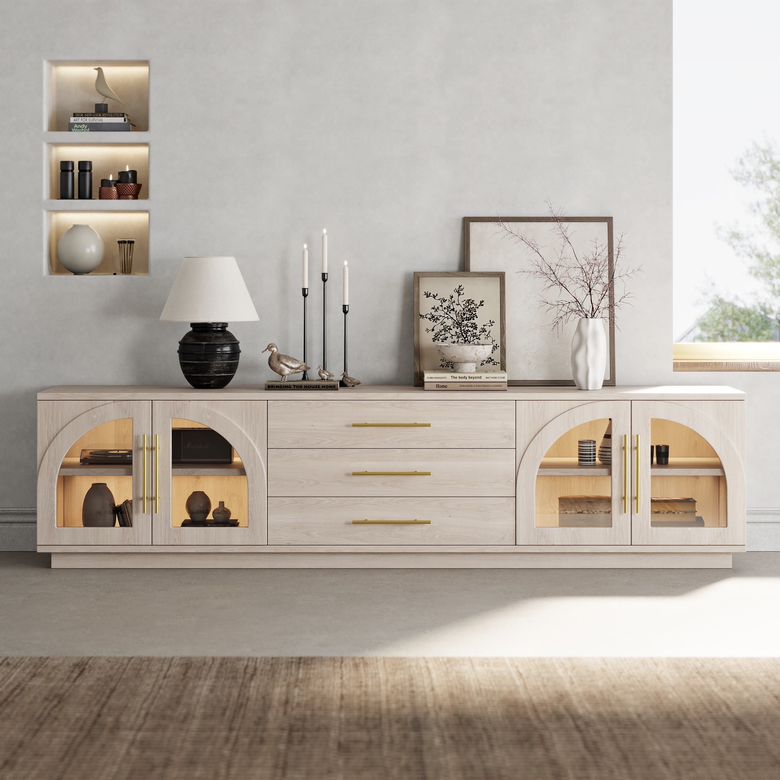 Arune 80" Japandi Whitewash TV Stand with LED Lights and Arched Glass Cabinet Doors