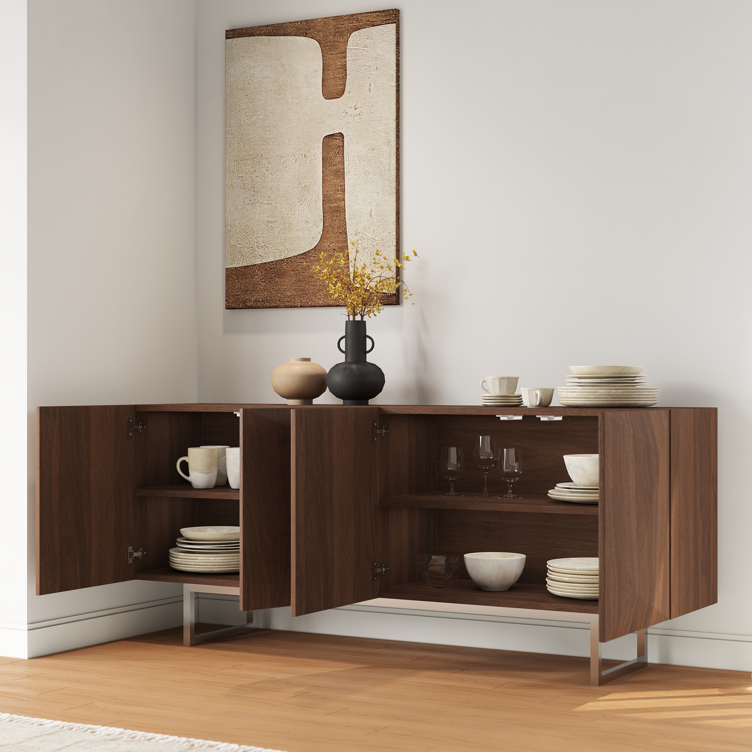 71" Sideboard with Adjustable Shelves Modern Walnut Kitchen Cabinet Silver Base