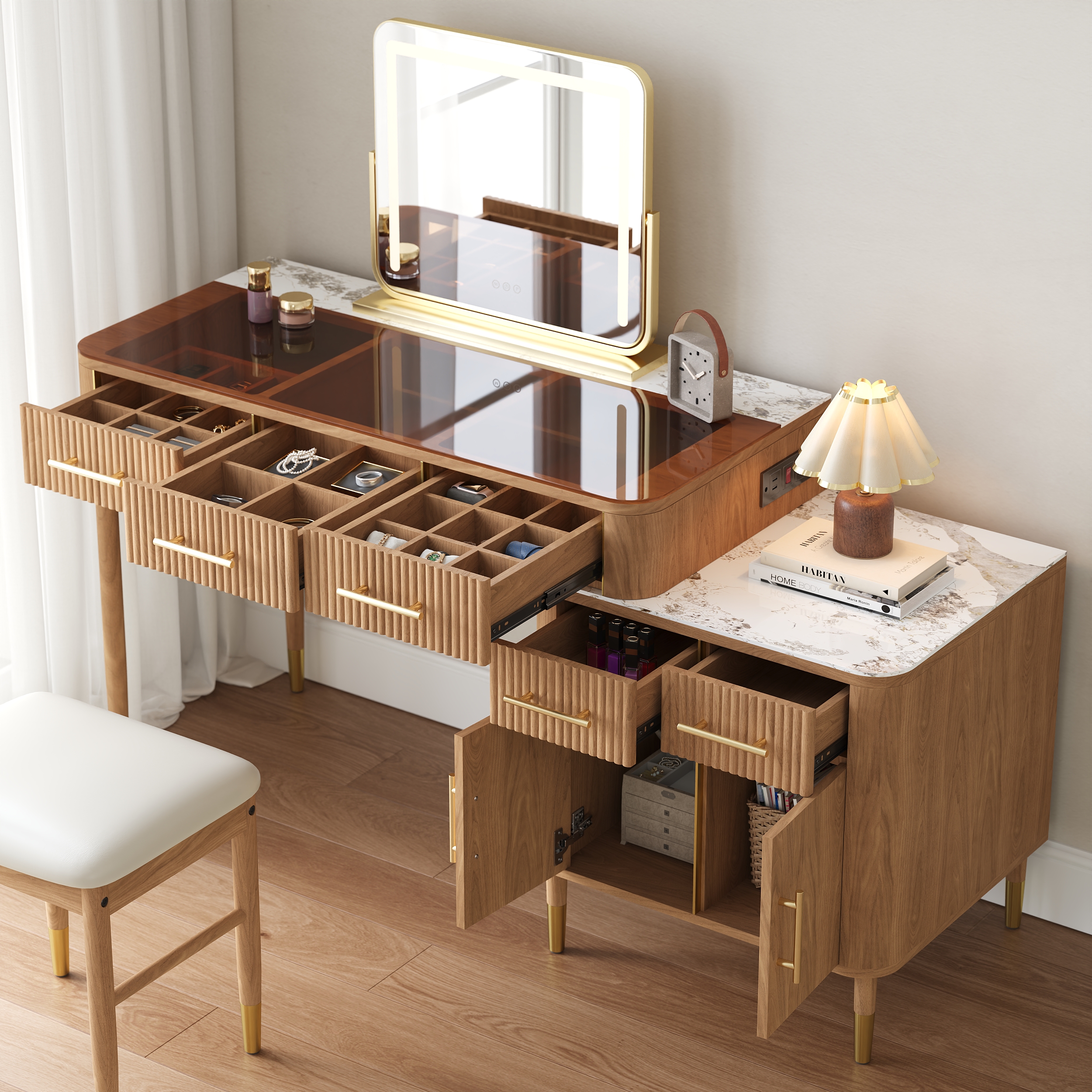 Natural Makeup Vanity Set with Lighted Mirror & Stool Mid Century Modern Dressing Table with Glass