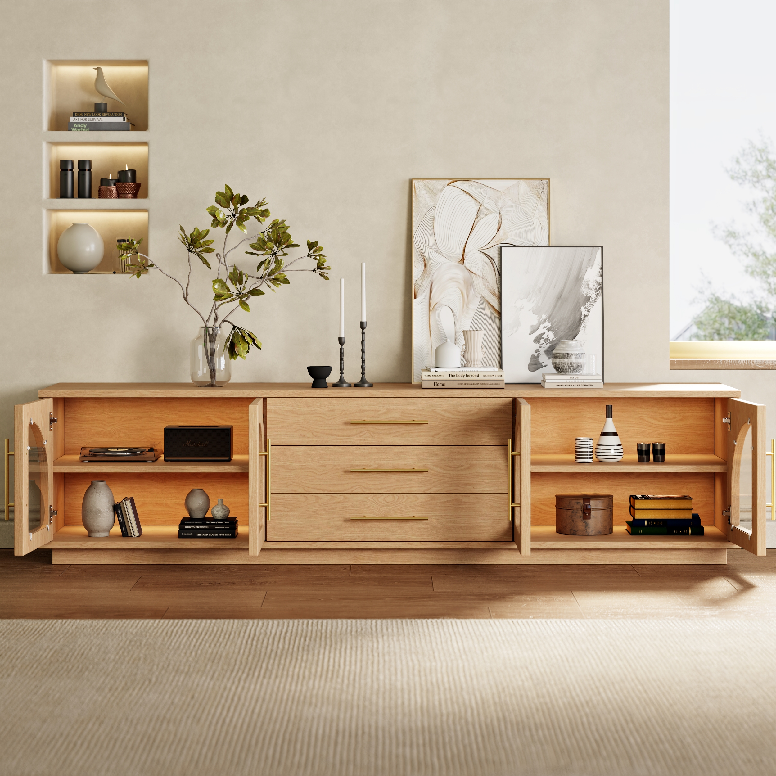 Arune 80" Mid Century Modern Natural TV Stand with LED Lights and Arched Glass Cabinet