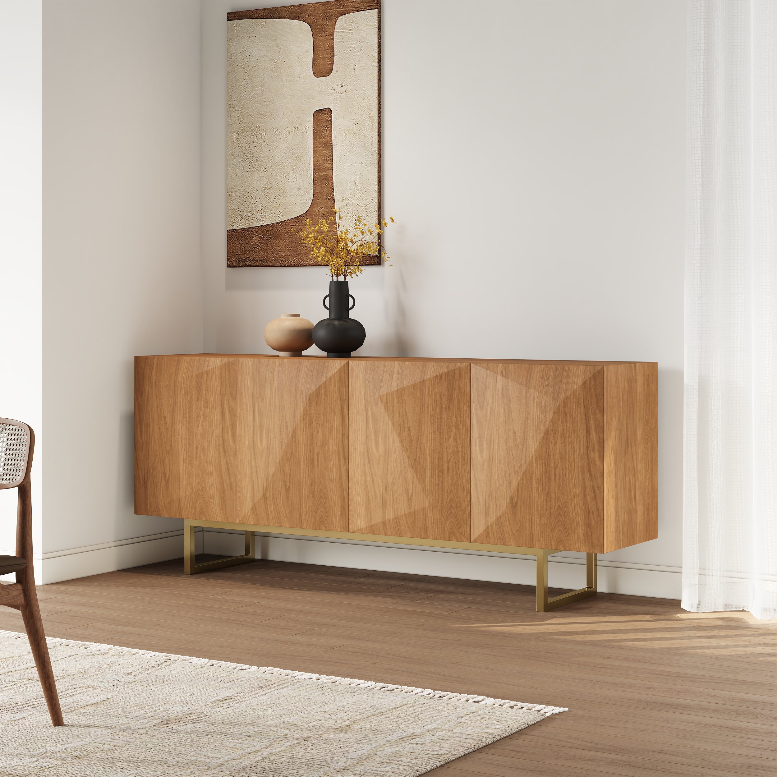71" Modern Natural Buffet Sideboard with Gold Base & Adjustable Shelves