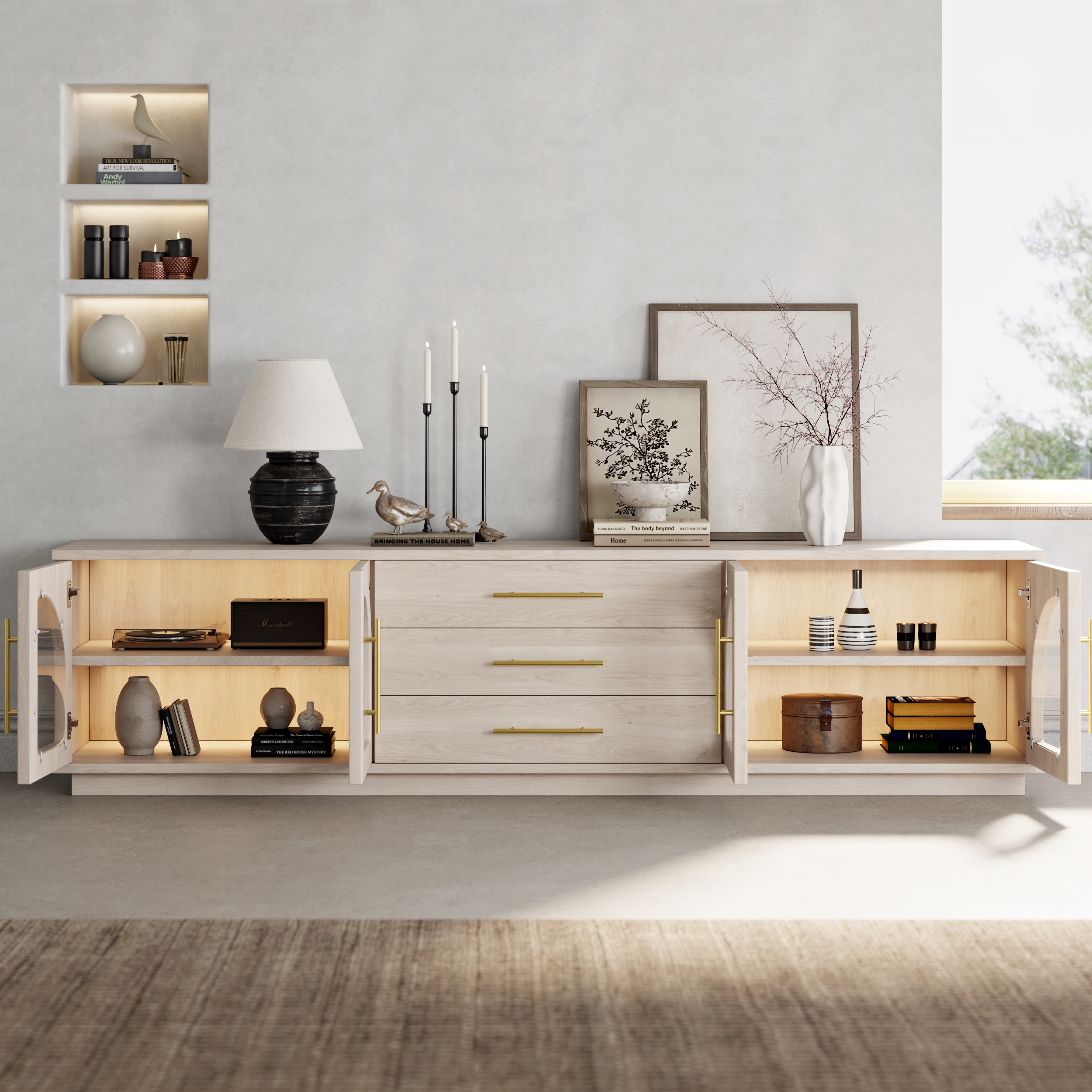 Arune 80" Japandi Whitewash TV Stand with LED Lights and Arched Glass Cabinet Doors