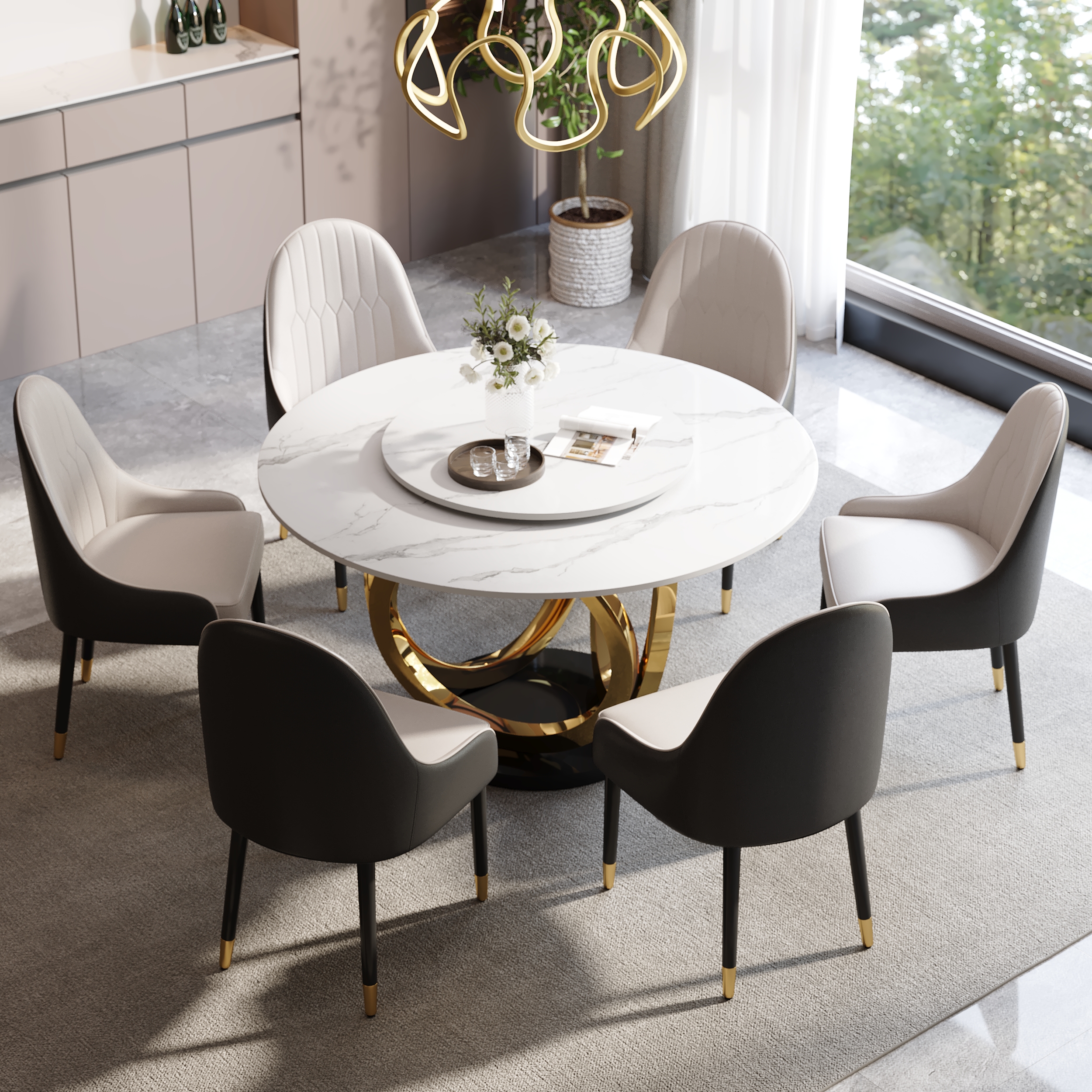 Juego de comedor de 7 piezas, mesa de comedor redonda con superficie de piedra sinterizada de 1500 mm, color blanco y gris, 6 sillas
