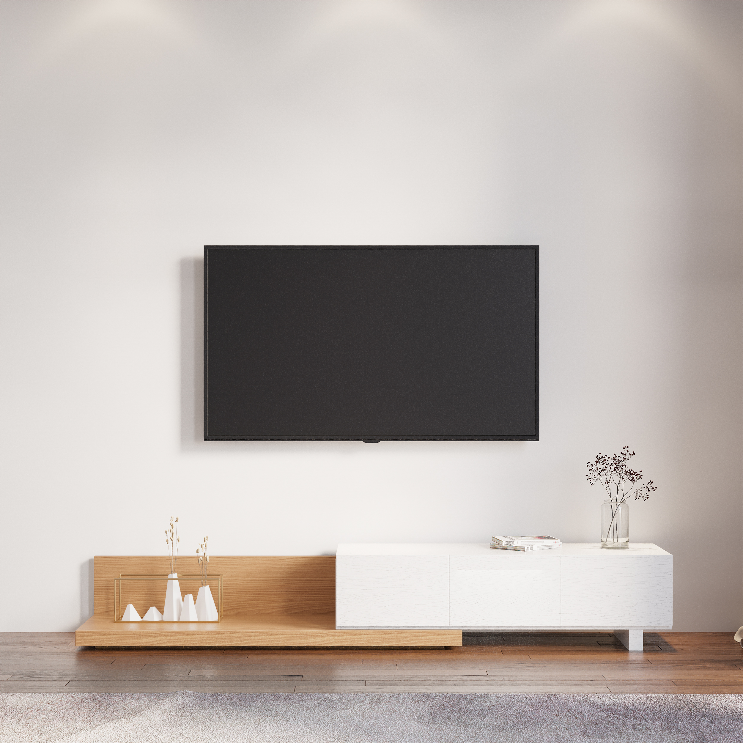 Homary Rectangle Wood Extendable TV Stand Natural & White Floor Media Console with 3