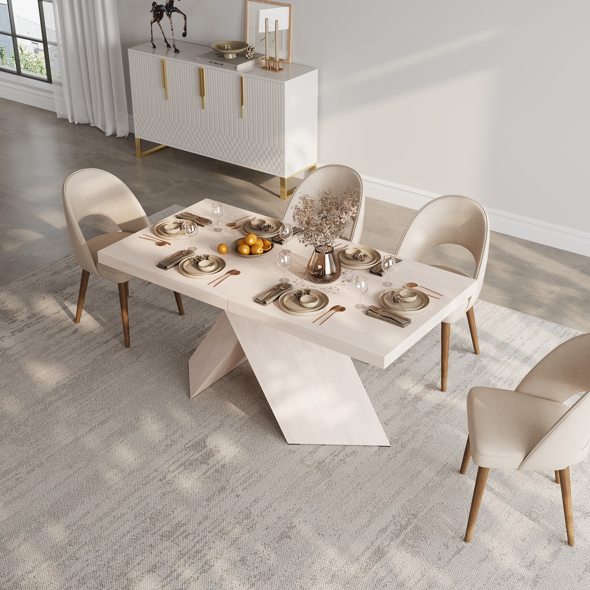 63"-79" Extendable Whitewash Dining Table Modern Farmhouse Rectangle 4-6 Seater Pedestal