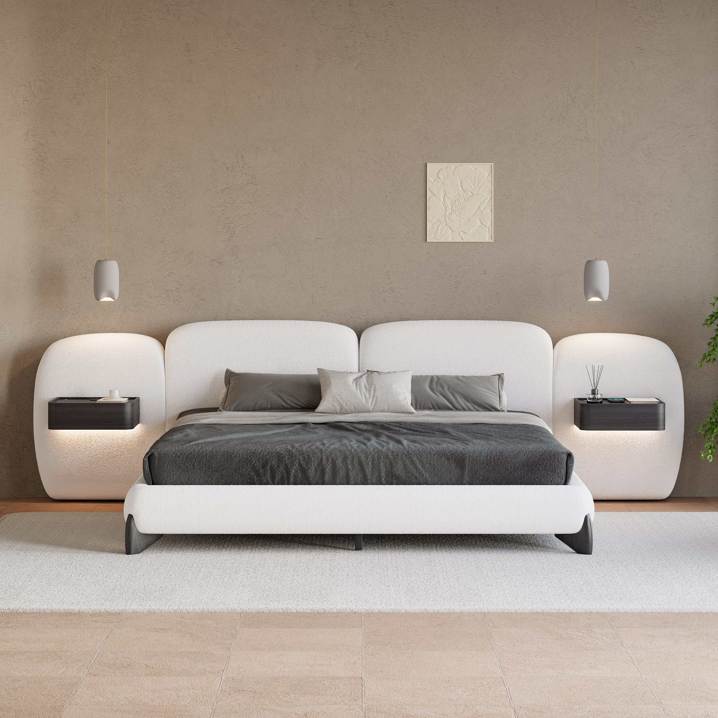 King Size Curva Boucle Upholstered Bed Frame with Extended Headboard & Floating Smart Nightstand