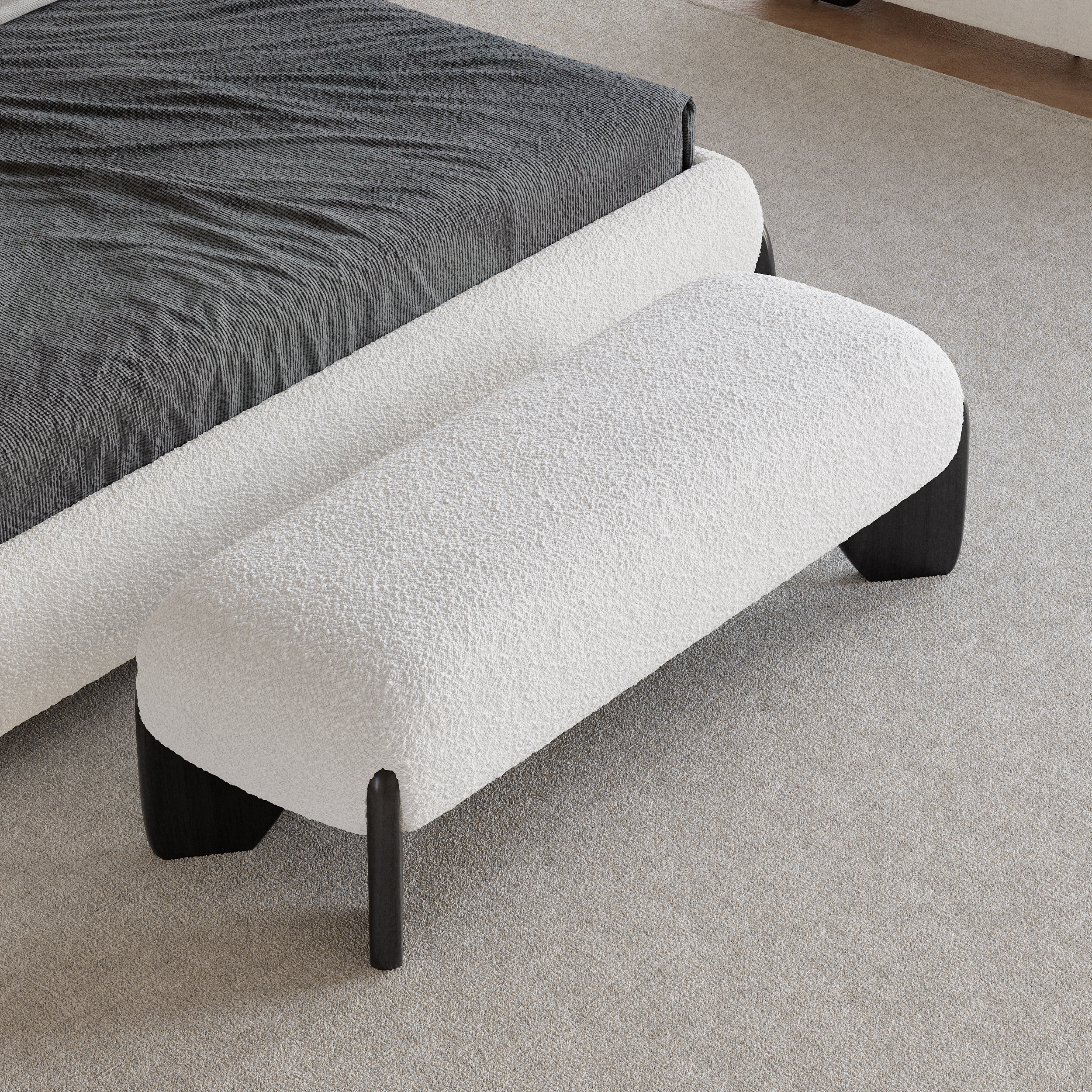 Modern White Boucle Bedroom Bench Upholstered Long Bench with Wood Legs