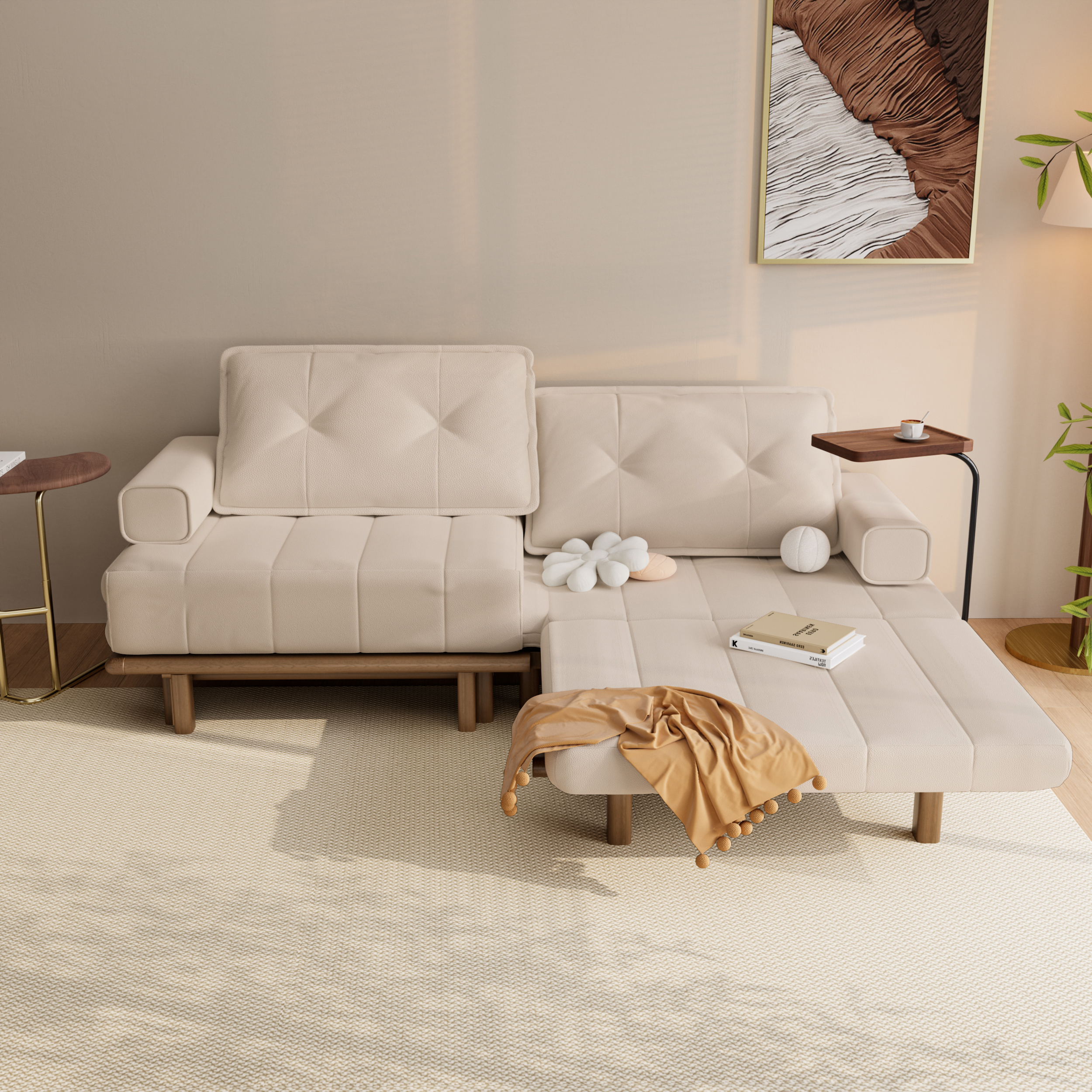 Queen 3-Seater Performance Leather Sofa Bed 79" Convertible Futon Bed with Side Table