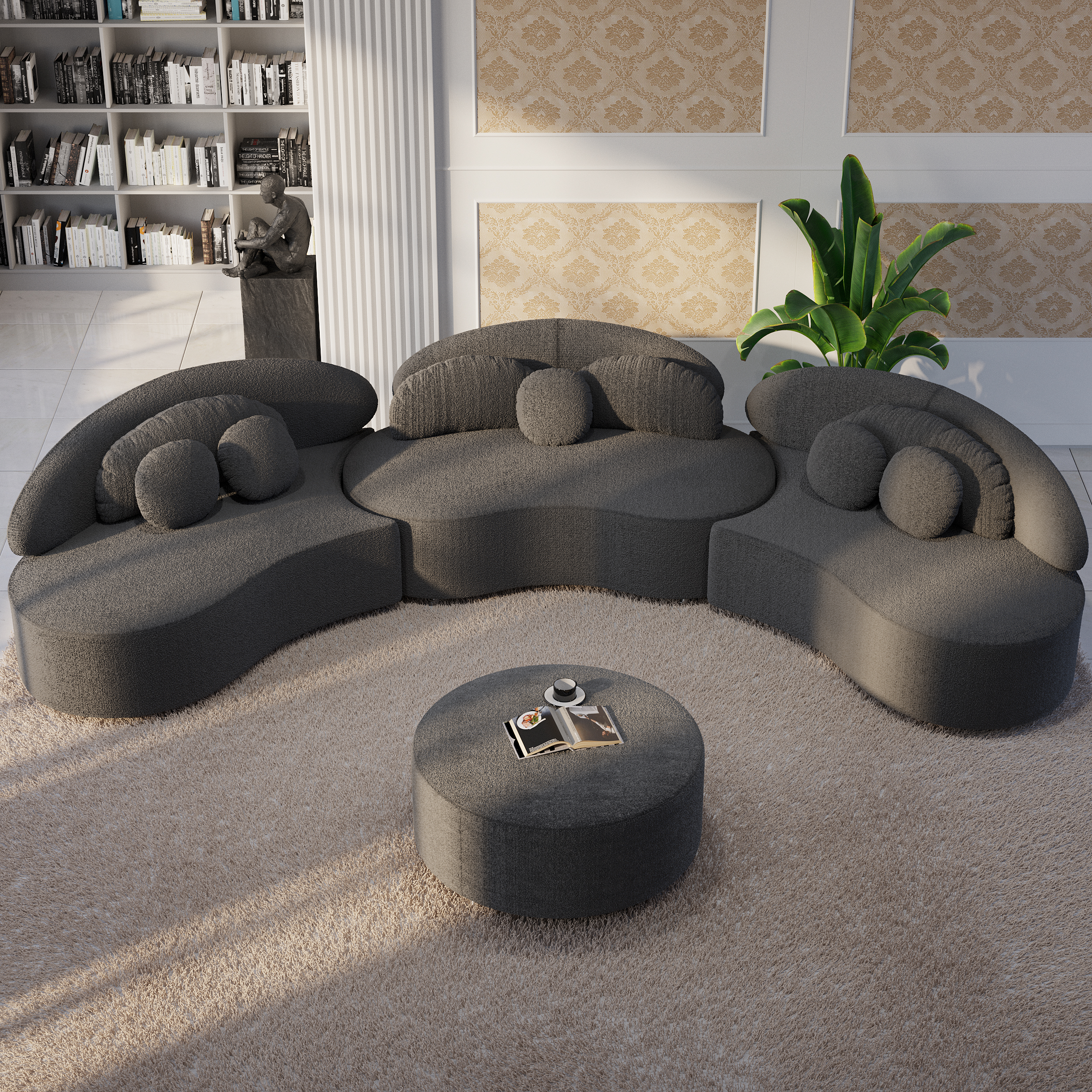 Modern 7 Seat Sectional Sofa Curved Modular Boucle Upholstered with Ottoman